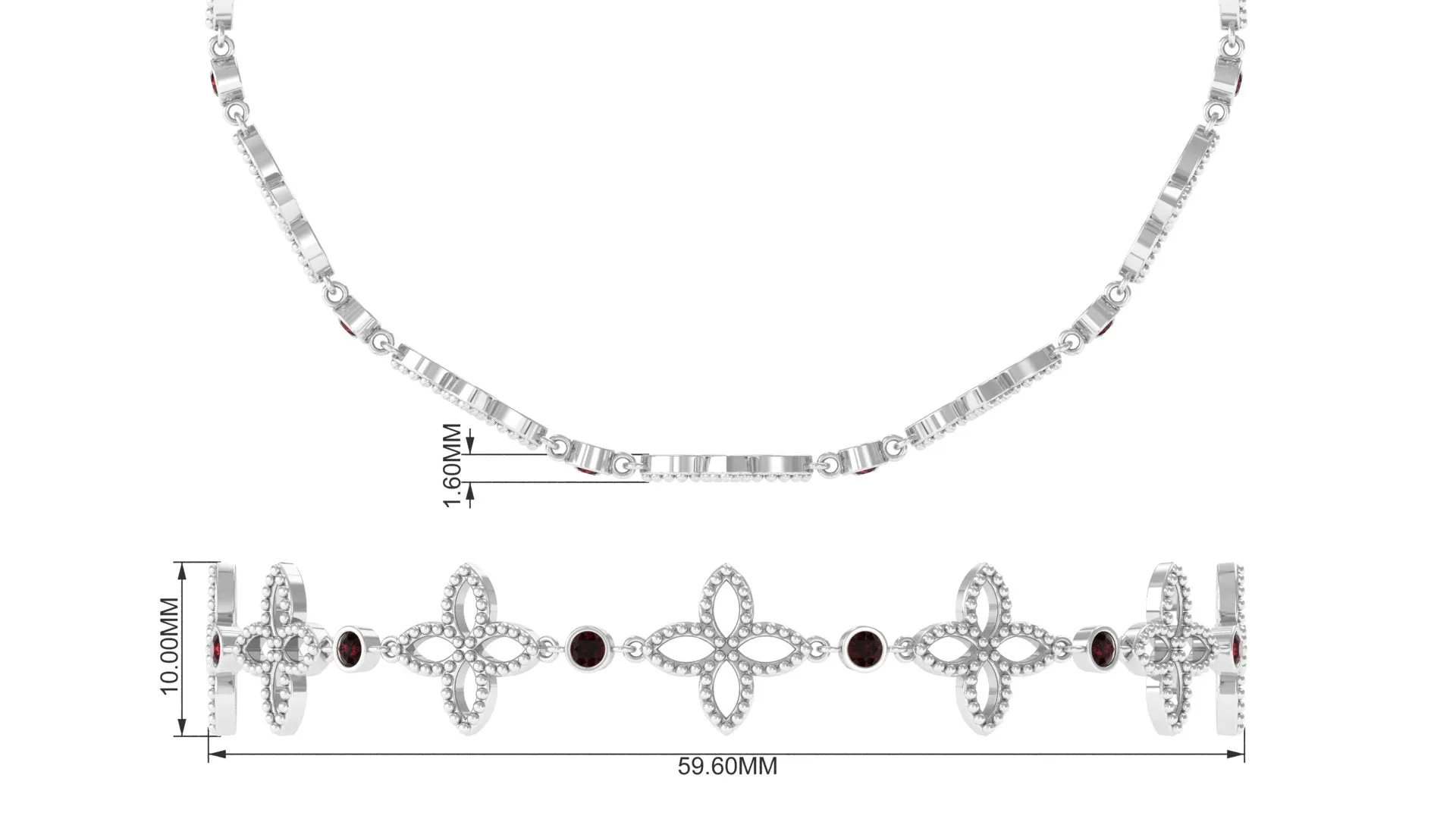 0.25 CT Bezel Set Garnet and  Floral Bolo Chain Bracelet with Beaded Details