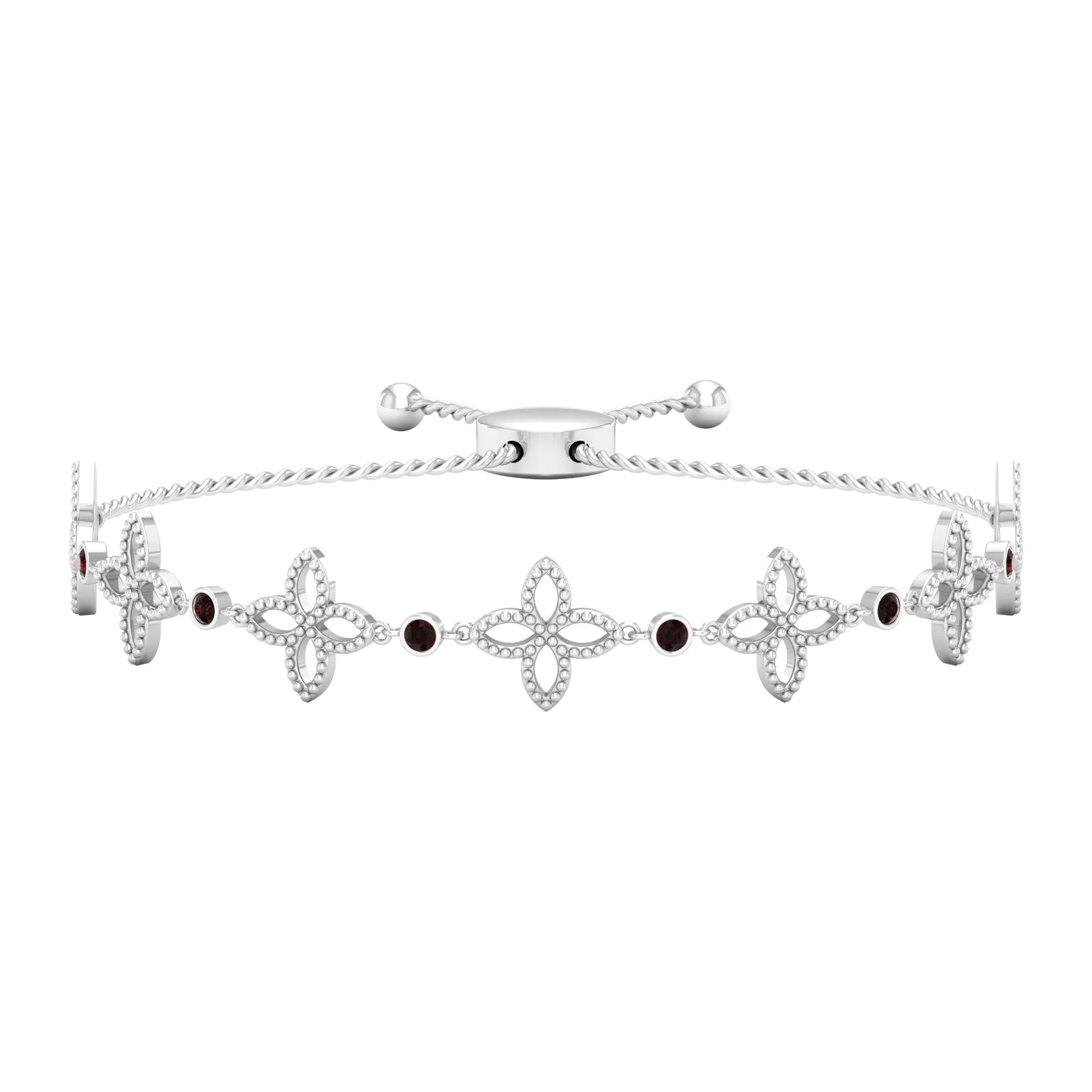 0.25 CT Bezel Set Garnet and  Floral Bolo Chain Bracelet with Beaded Details