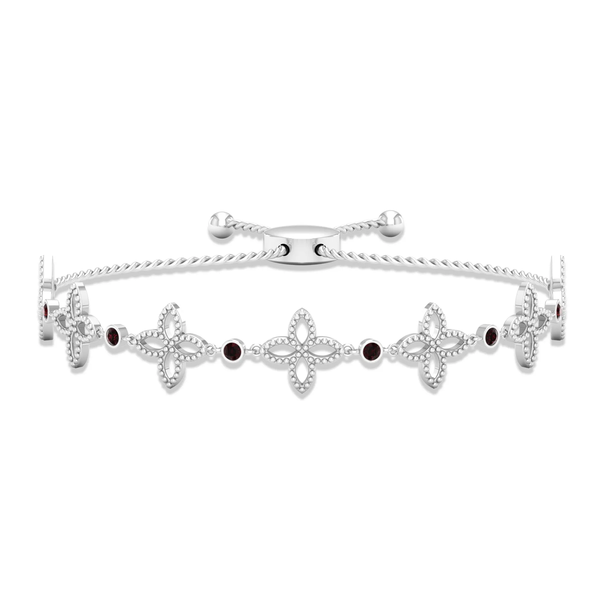 0.25 CT Bezel Set Garnet and  Floral Bolo Chain Bracelet with Beaded Details