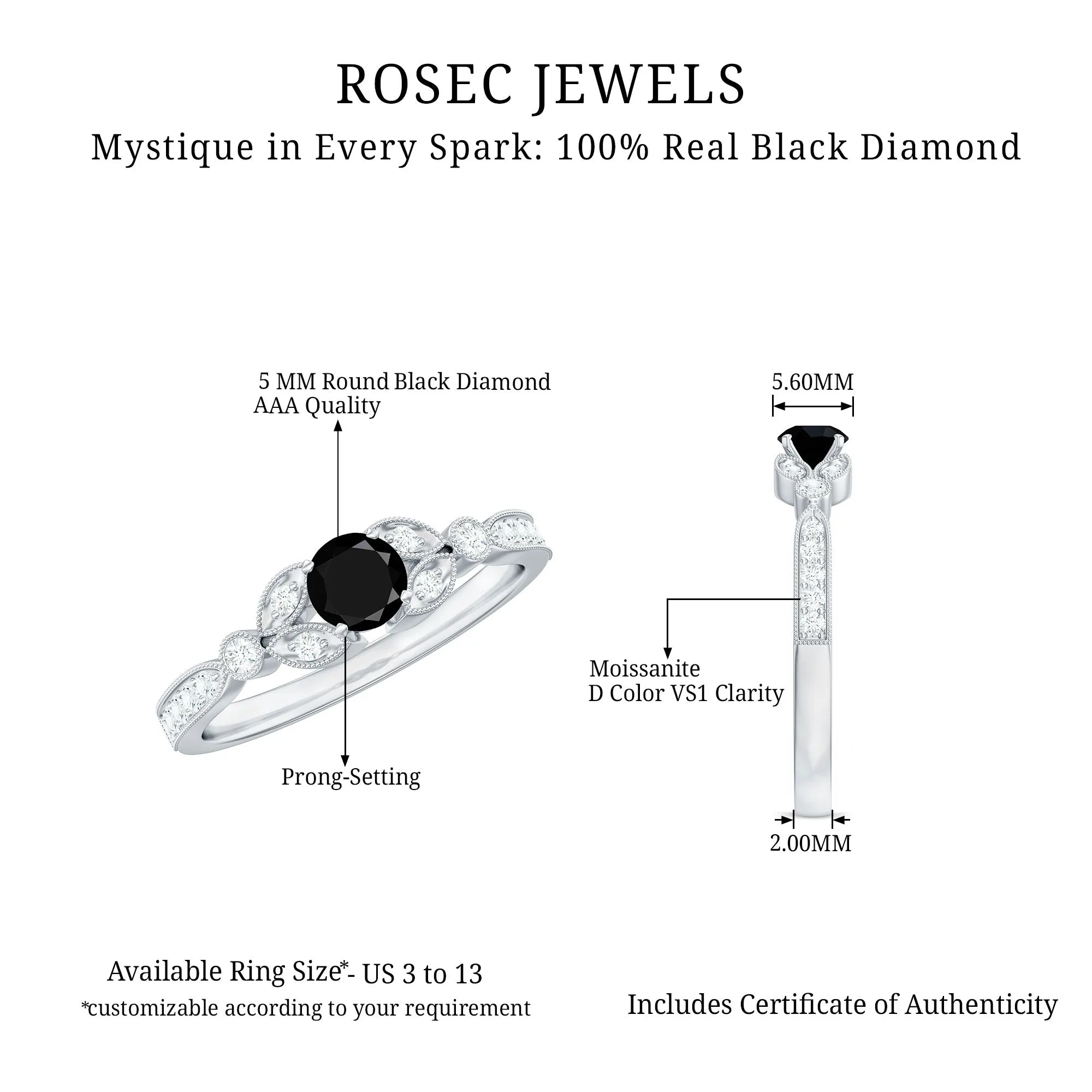 0.75 CT Black Diamond and Diamond Engagement Ring with Milgrain Detailing