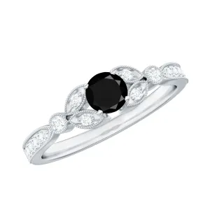 0.75 CT Black Diamond and Diamond Engagement Ring with Milgrain Detailing