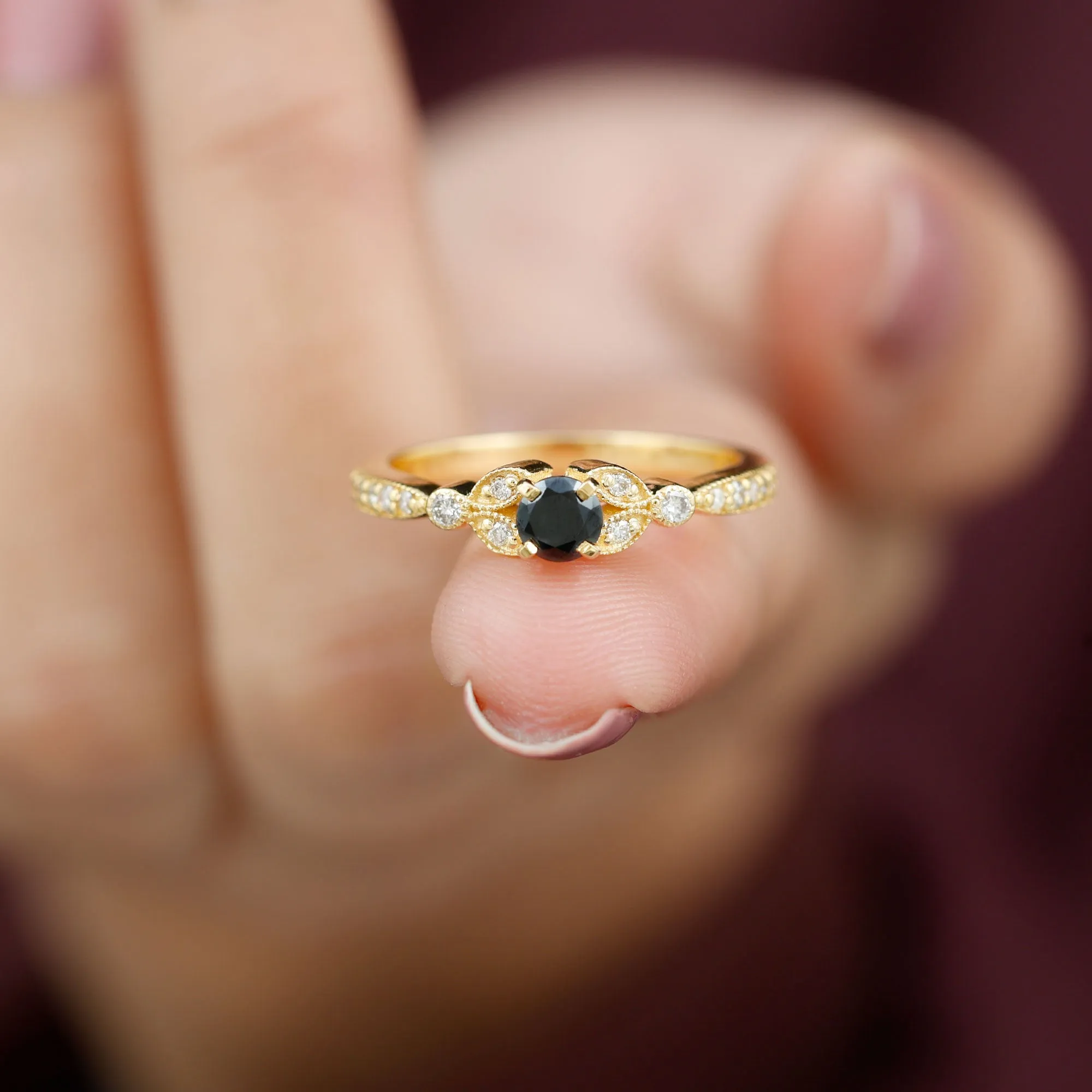 0.75 CT Black Diamond and Diamond Engagement Ring with Milgrain Detailing