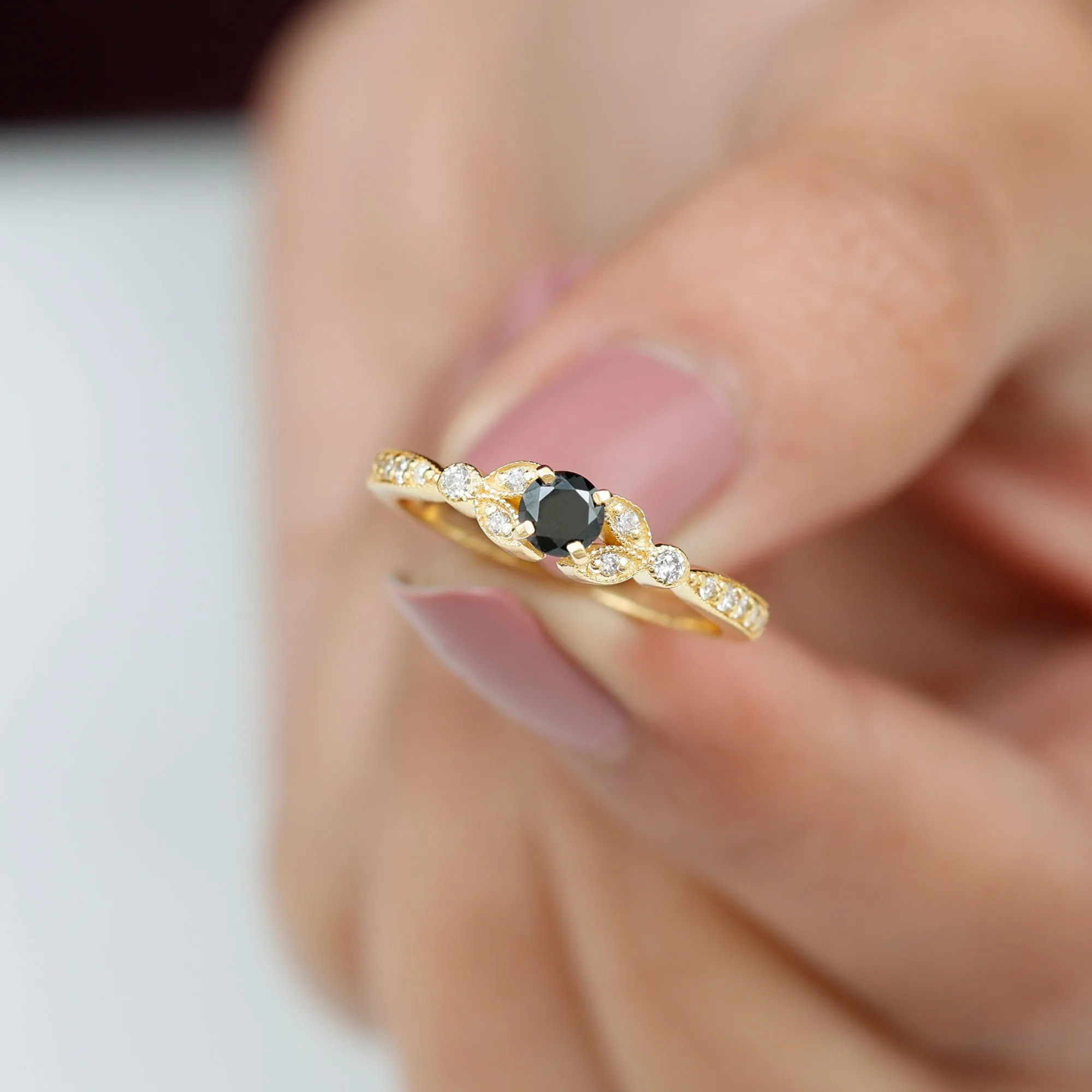 0.75 CT Black Diamond and Diamond Engagement Ring with Milgrain Detailing