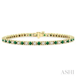 1 1/2 ctw Square Box Link 2.5MM Emerald and Round Cut Diamond Precious Tennis Bracelet in 14K Yellow Gold