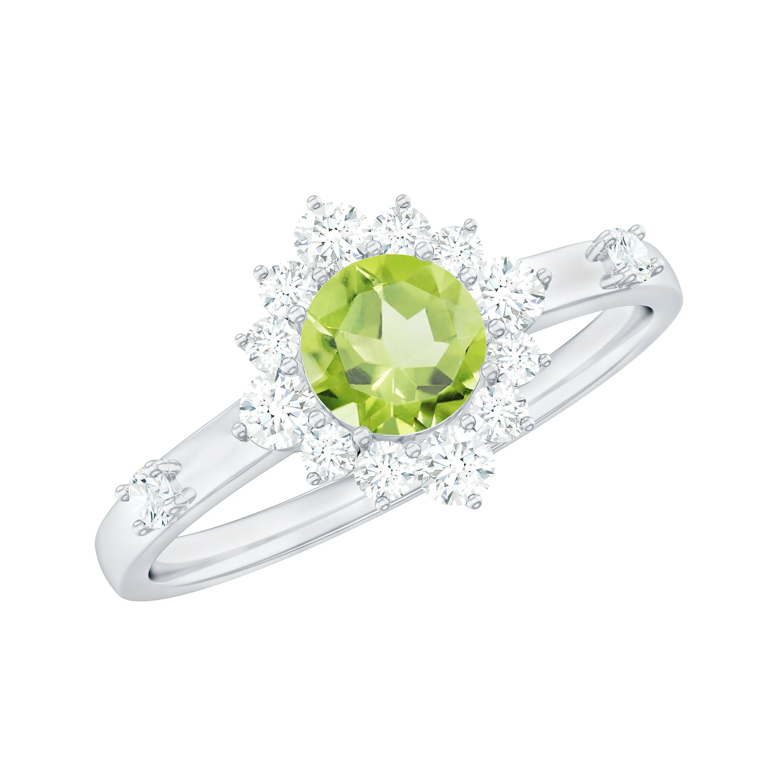 1 CT Round Peridot and Diamond Halo Engagement Ring