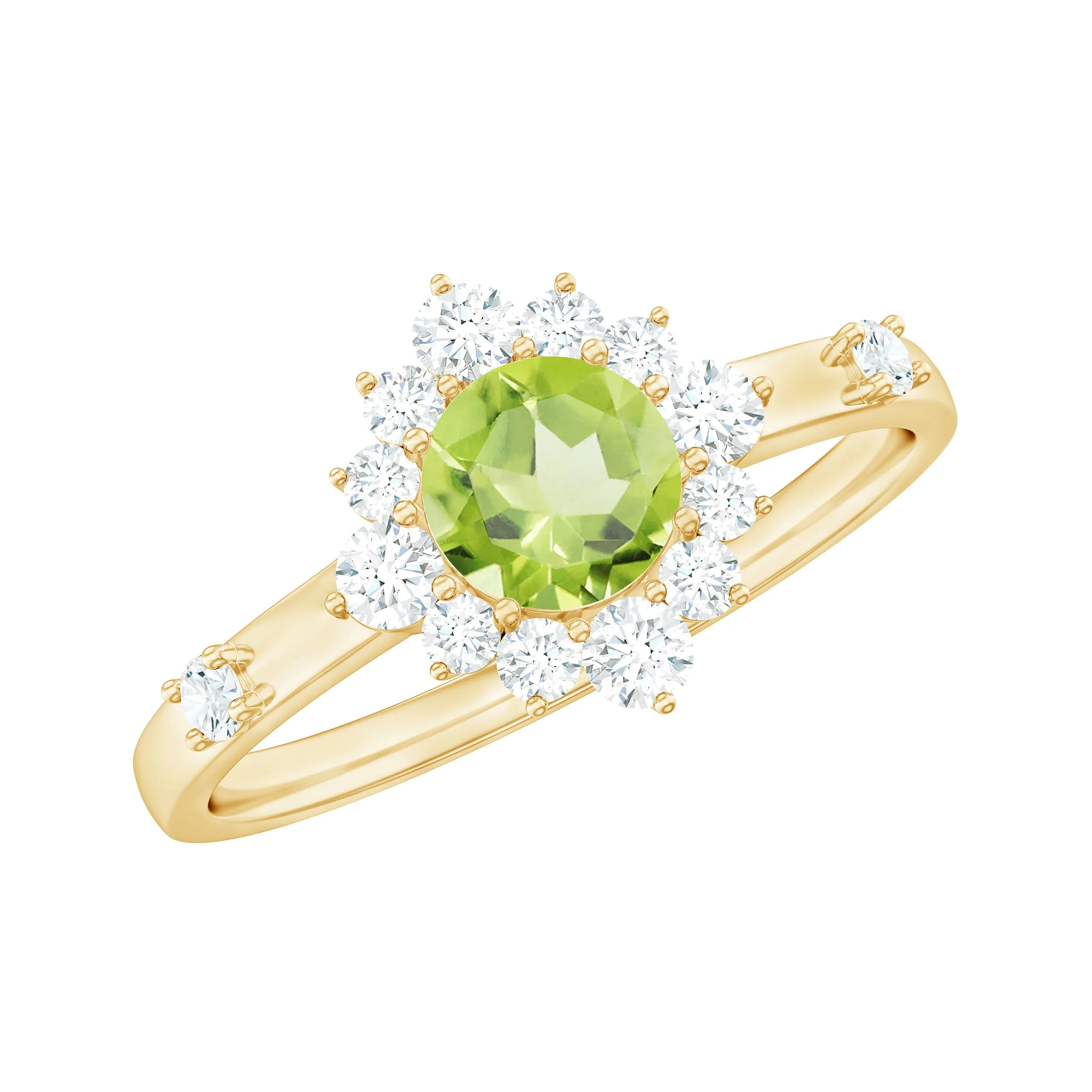 1 CT Round Peridot and Diamond Halo Engagement Ring