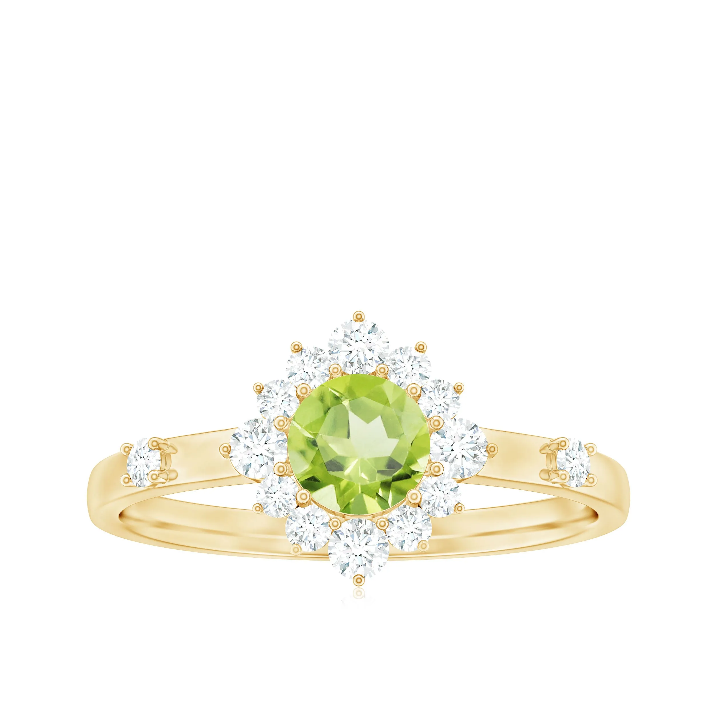 1 CT Round Peridot and Diamond Halo Engagement Ring