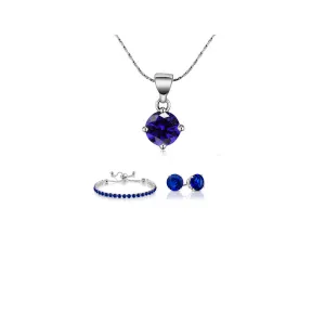 10k White Gold 7 Ct Round Created Blue Sapphire Set of Necklace, Earrings and Bracelet Plated