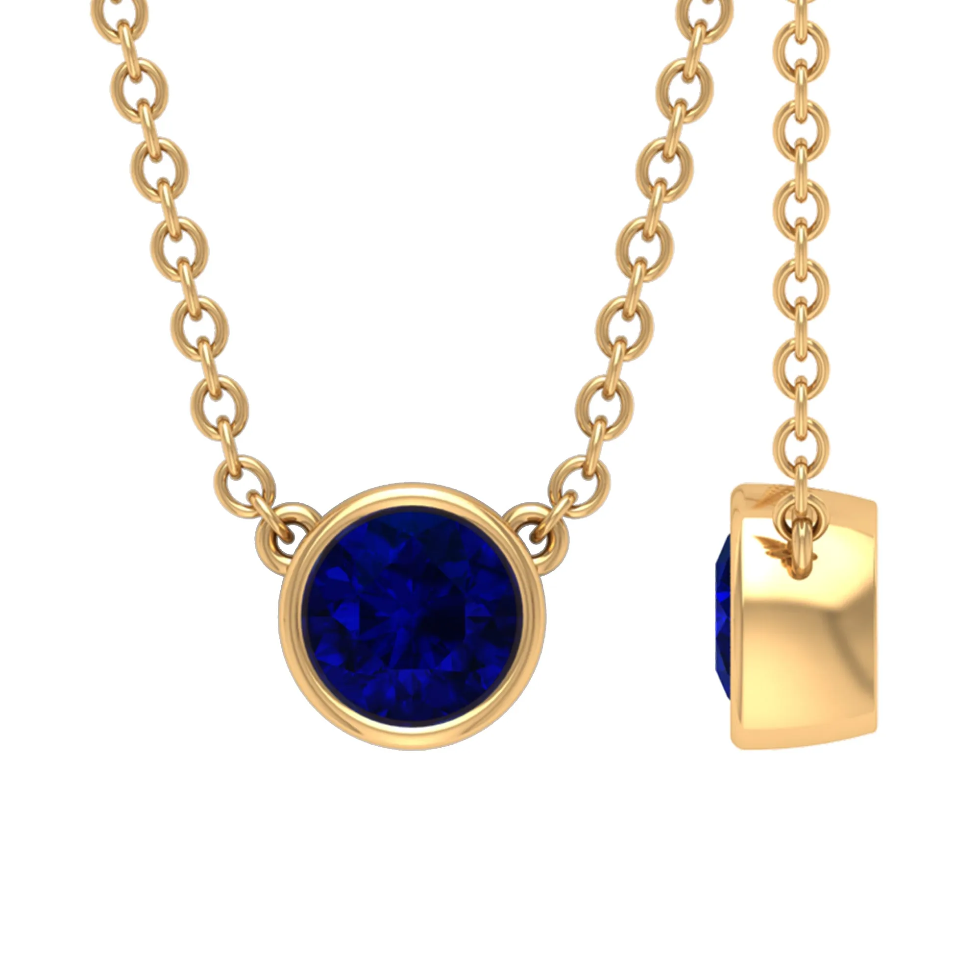 1/2 CT Bezel Set Round Blue Sapphire Solitaire Necklace