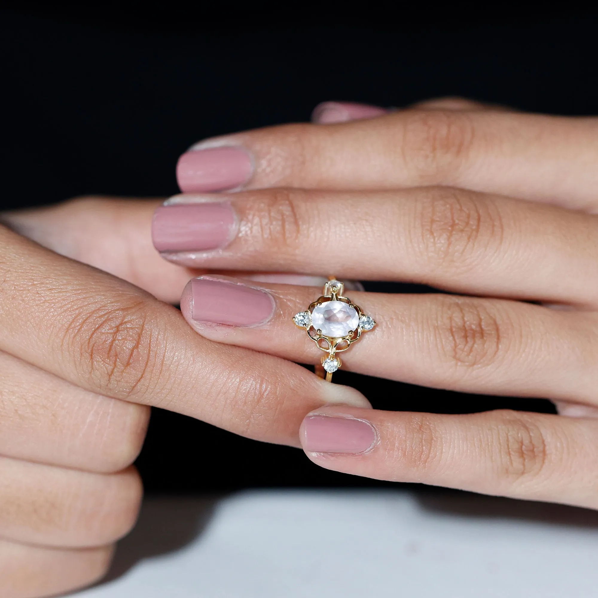 1.25 CT Oval Shape Rose Quartz and Diamond Cocktail Ring