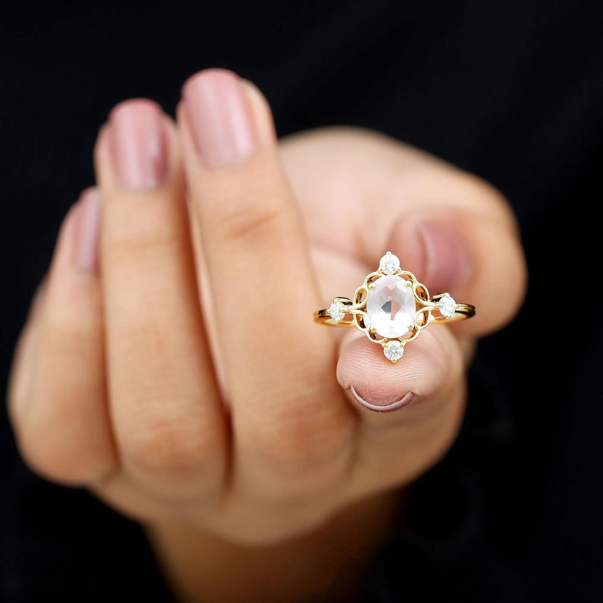 1.25 CT Oval Shape Rose Quartz and Diamond Cocktail Ring