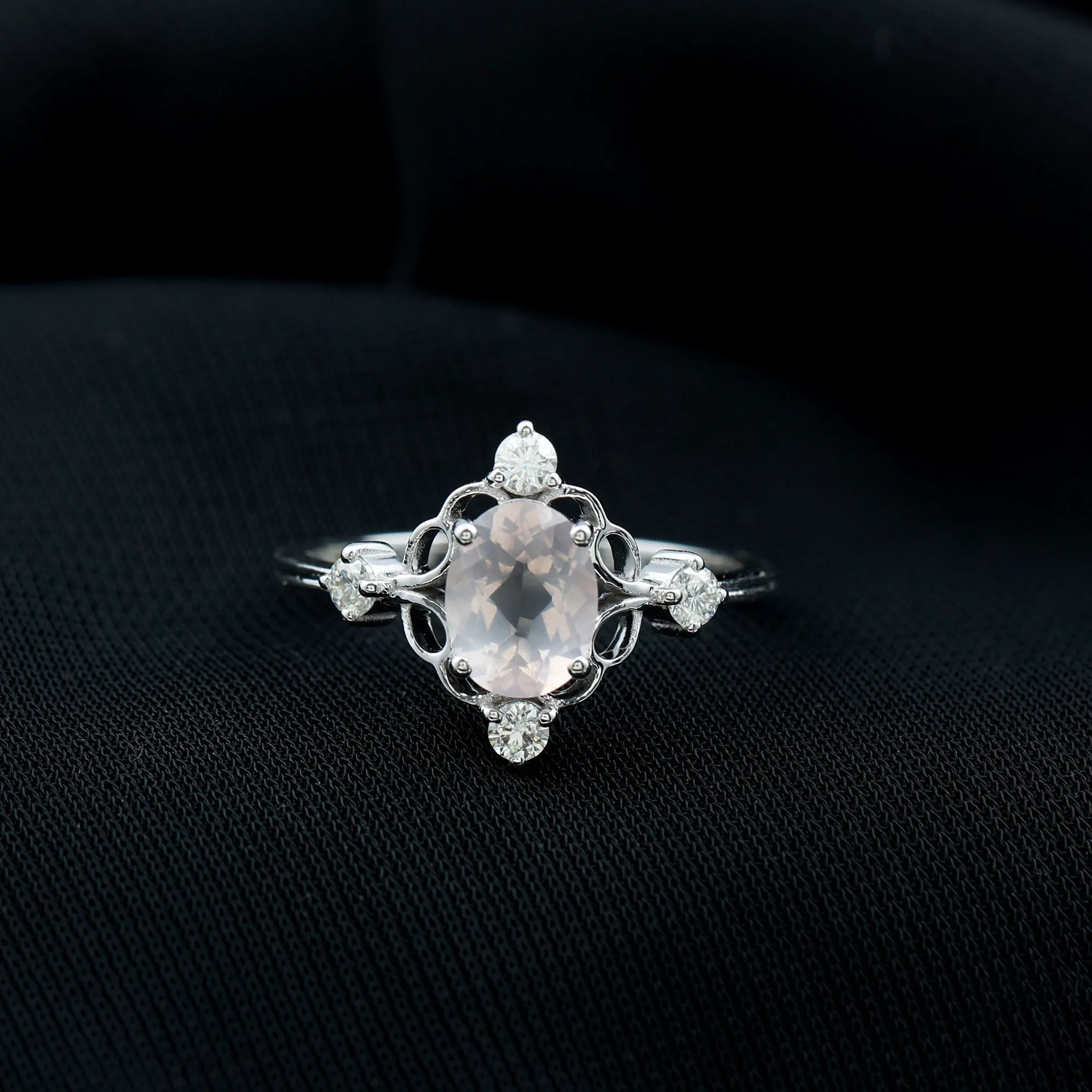 1.25 CT Oval Shape Rose Quartz and Diamond Cocktail Ring