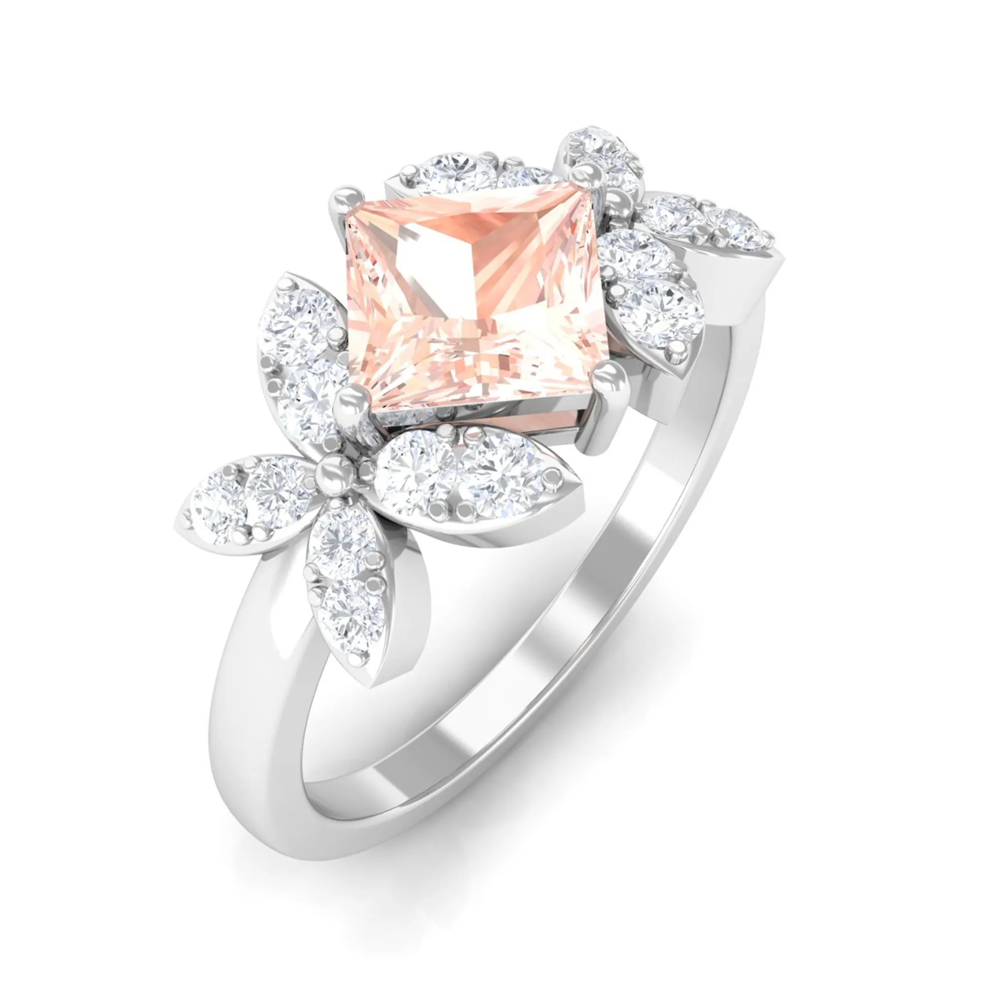 1.25 CT Princess Cut Morganite Floral Engagement Ring with Diamond