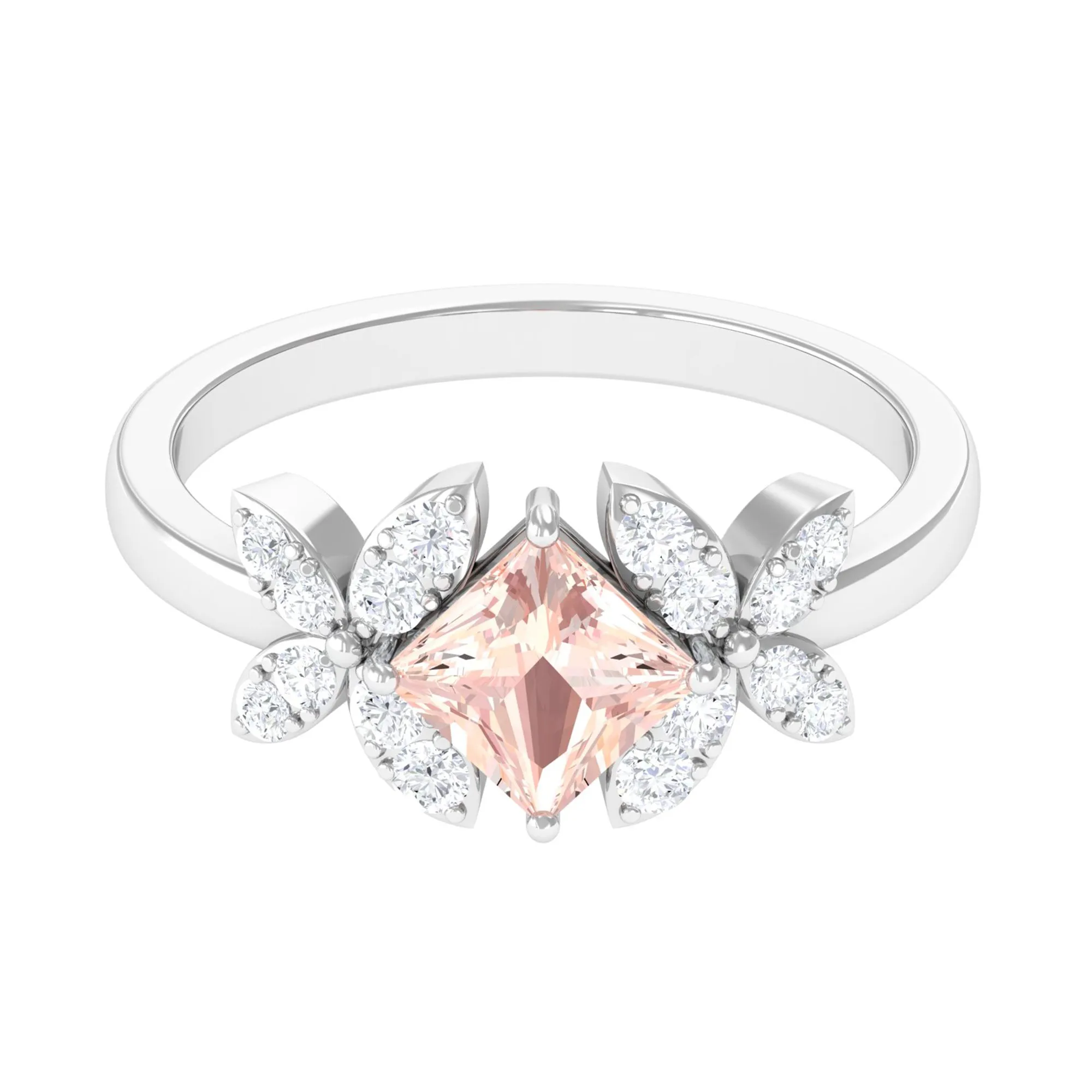 1.25 CT Princess Cut Morganite Floral Engagement Ring with Diamond