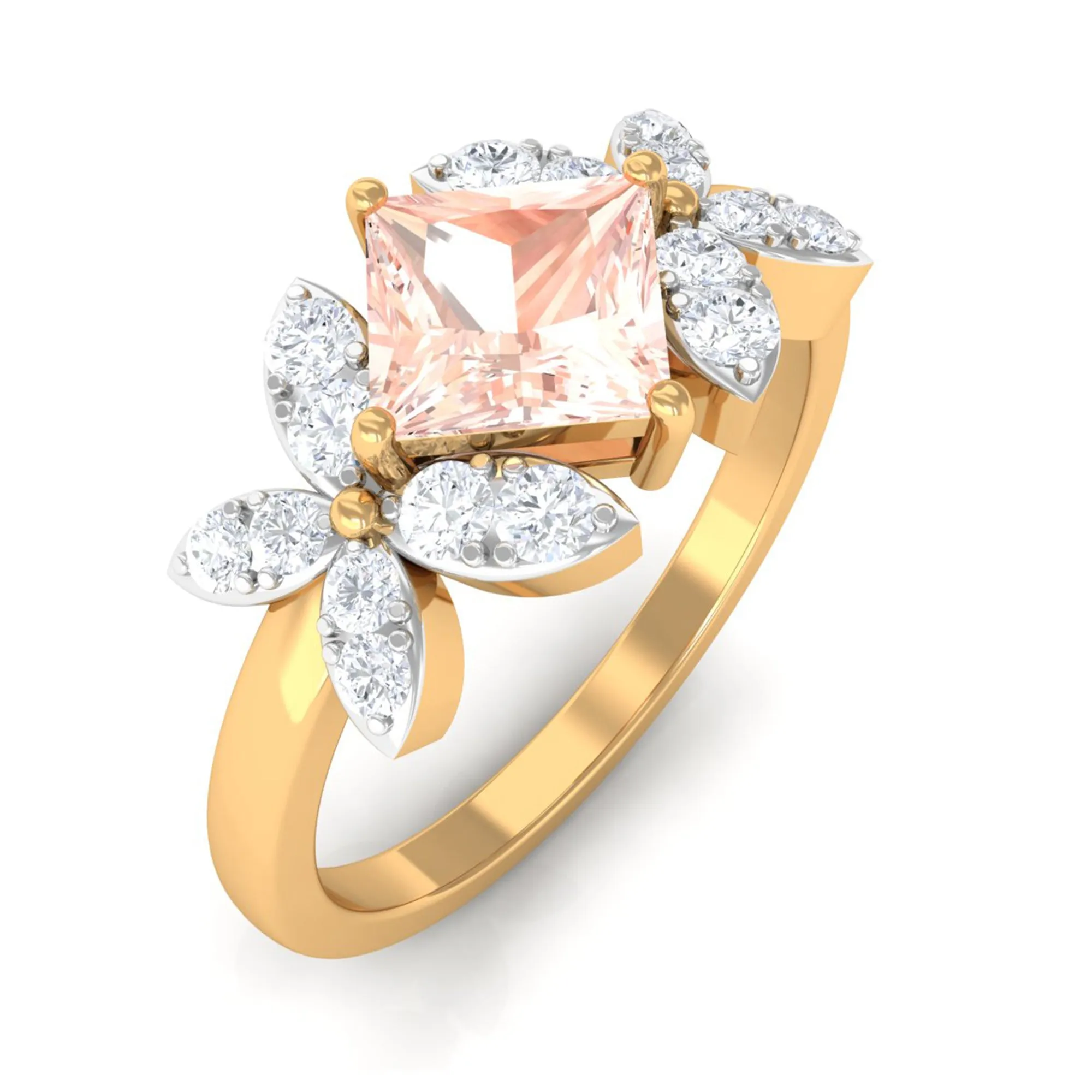 1.25 CT Princess Cut Morganite Floral Engagement Ring with Diamond