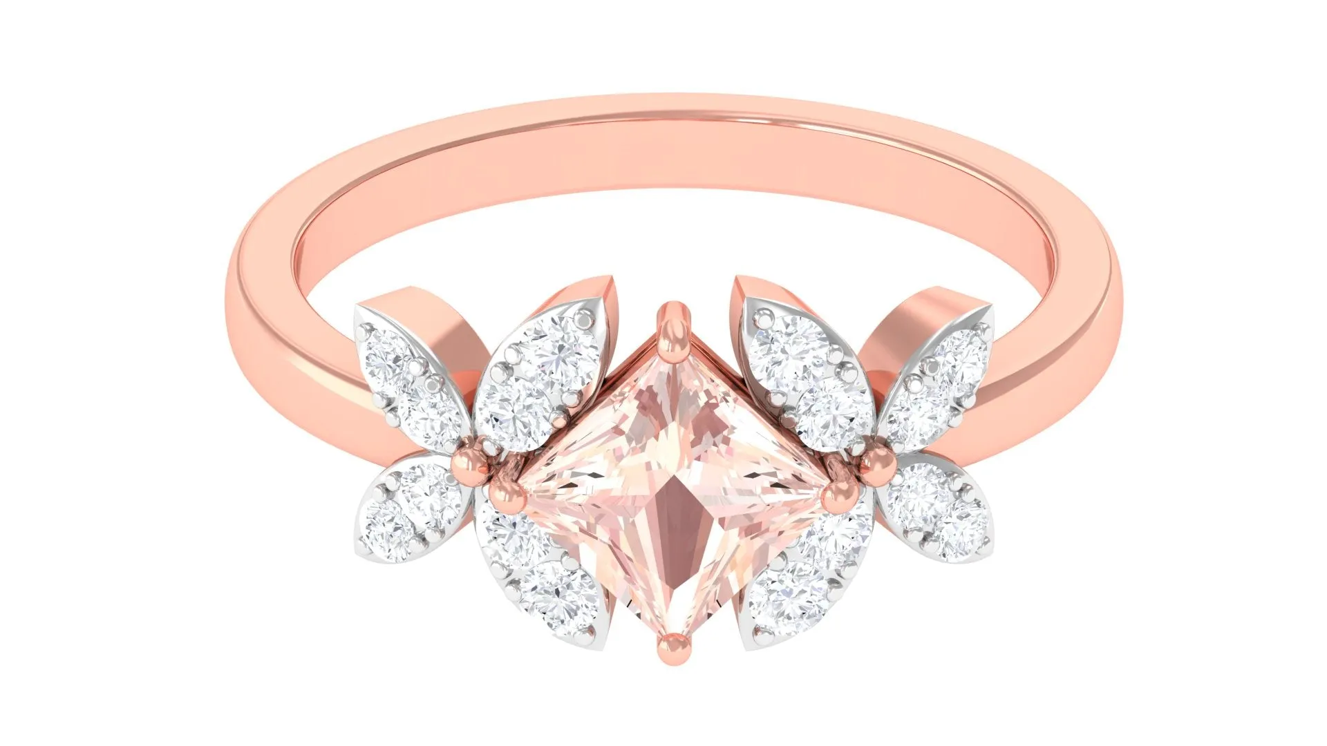 1.25 CT Princess Cut Morganite Floral Engagement Ring with Diamond