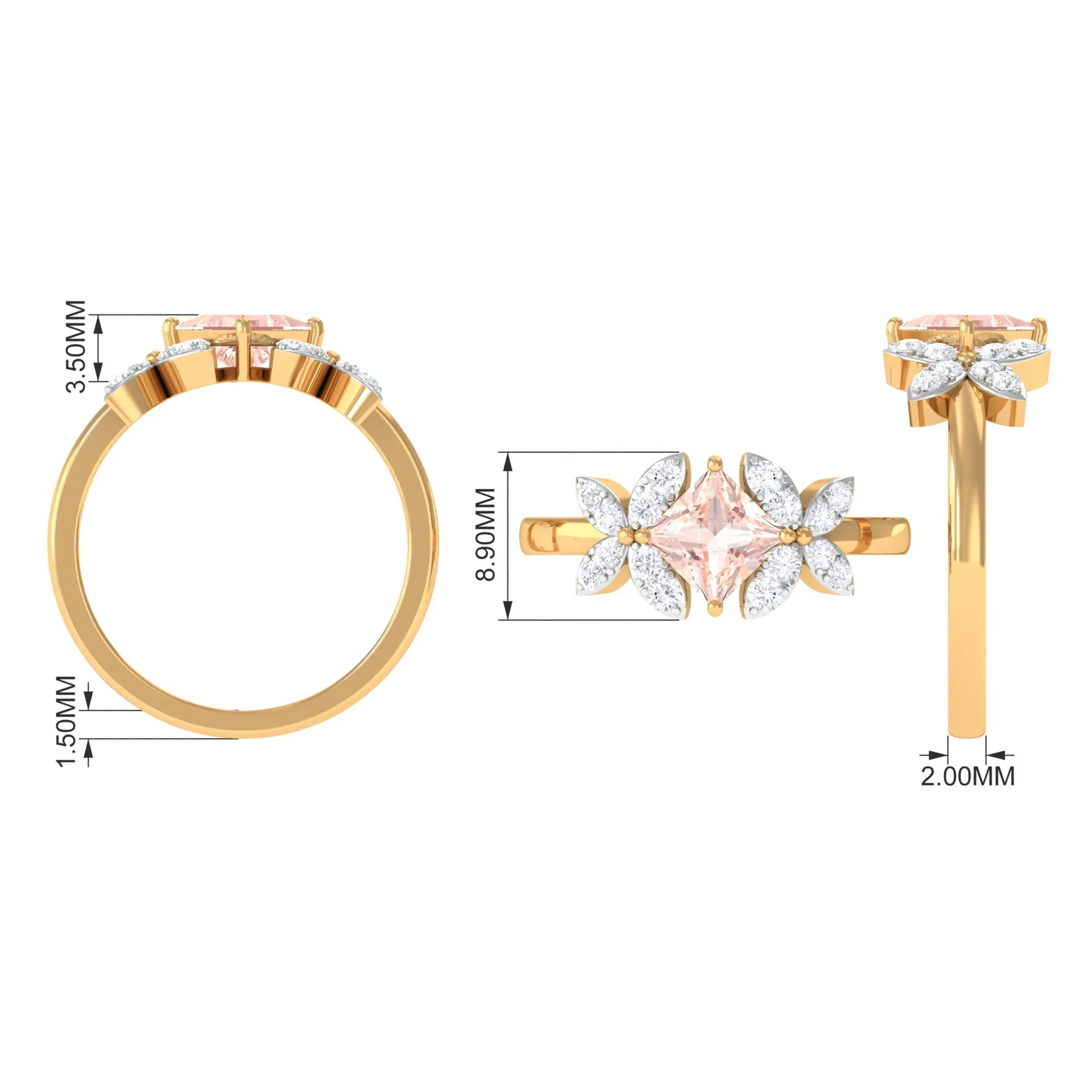 1.25 CT Princess Cut Morganite Floral Engagement Ring with Diamond