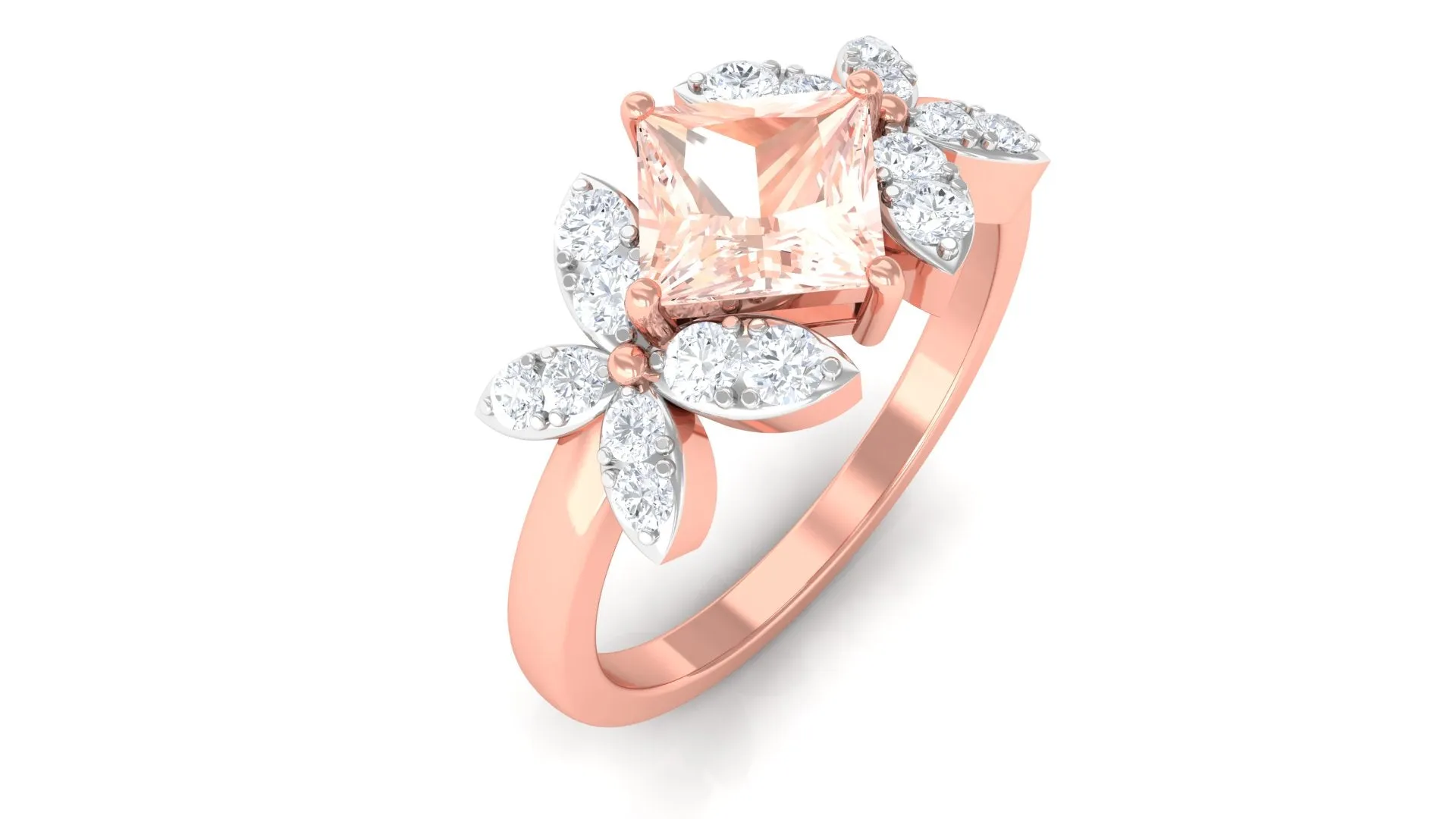 1.25 CT Princess Cut Morganite Floral Engagement Ring with Diamond