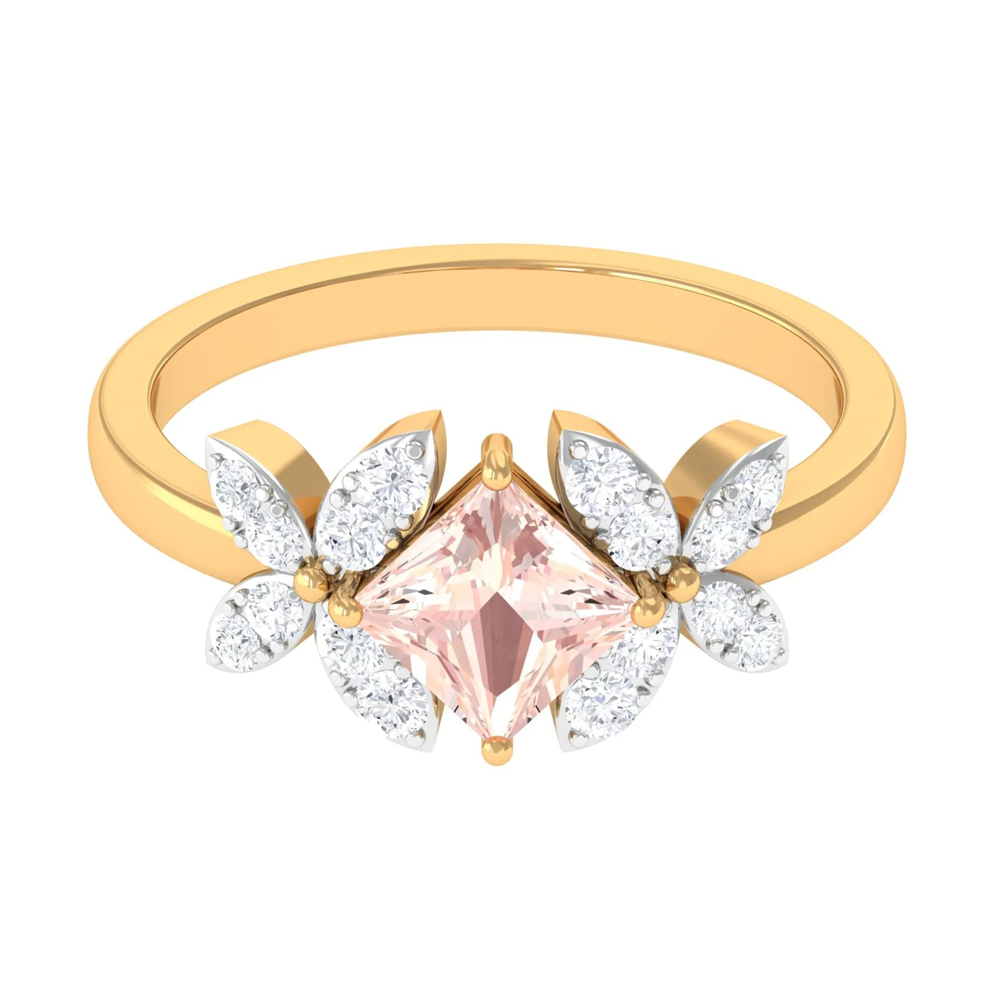 1.25 CT Princess Cut Morganite Floral Engagement Ring with Diamond