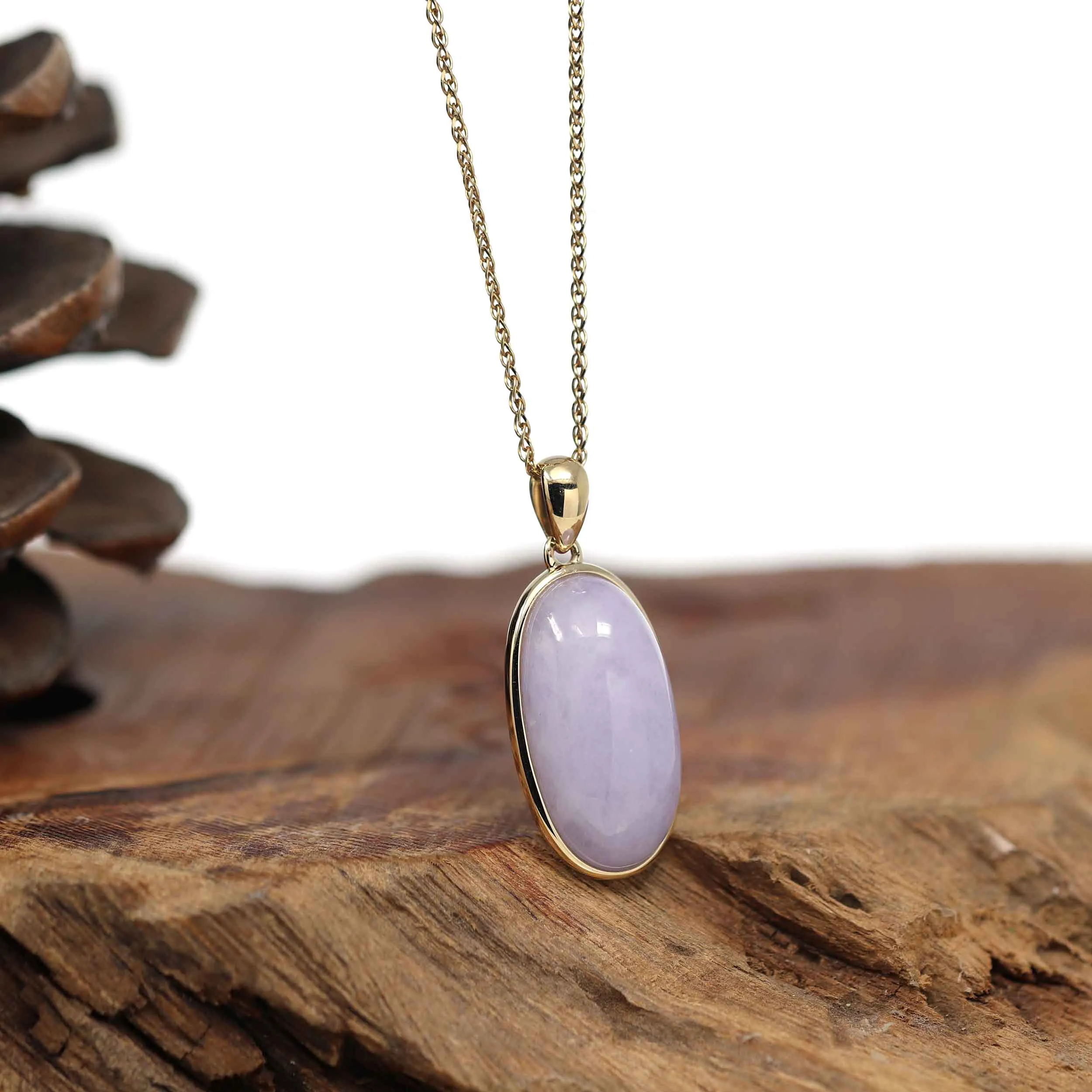 14K Gold Natural Lavender Burmese Jadeite Cabochon Necklace