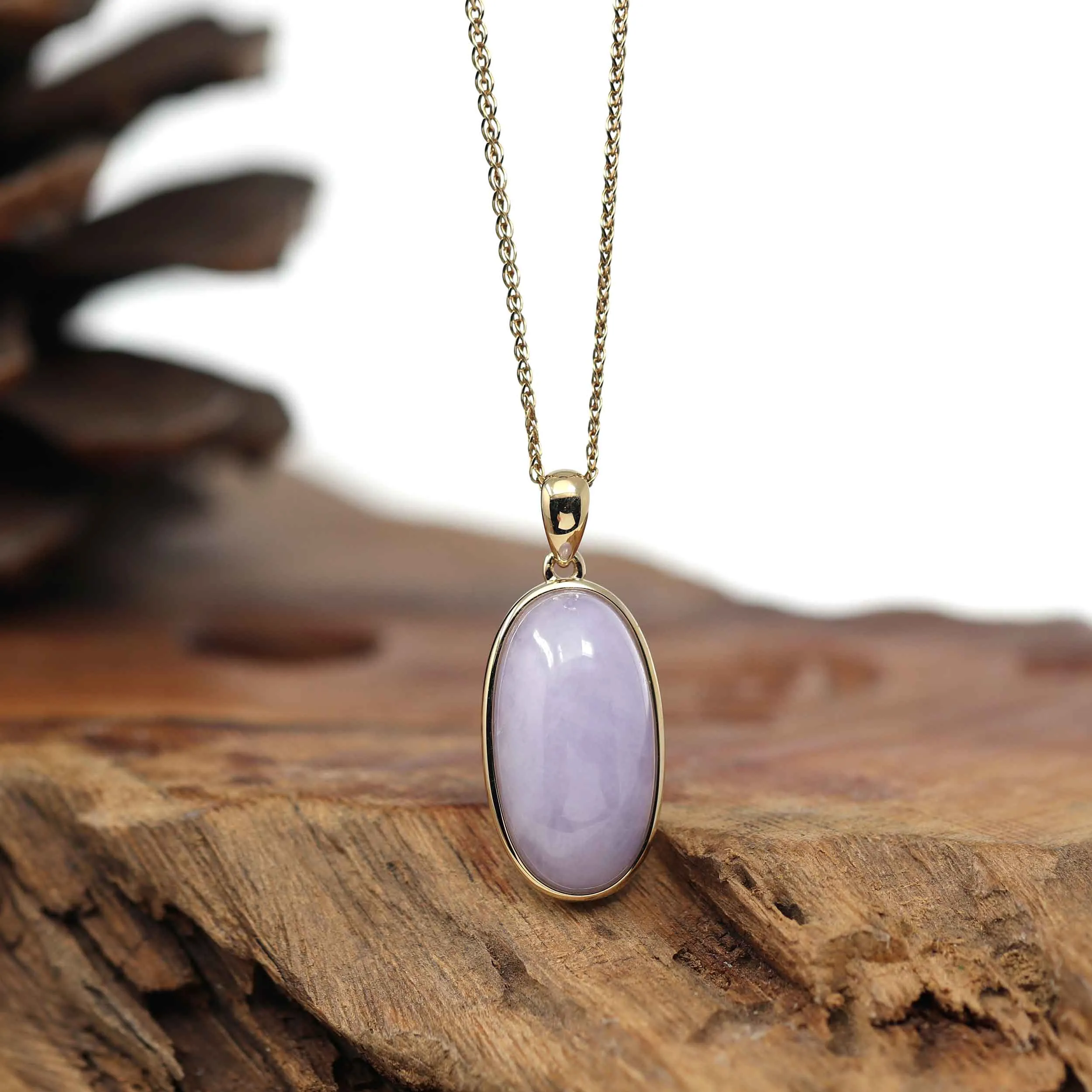 14K Gold Natural Lavender Burmese Jadeite Cabochon Necklace