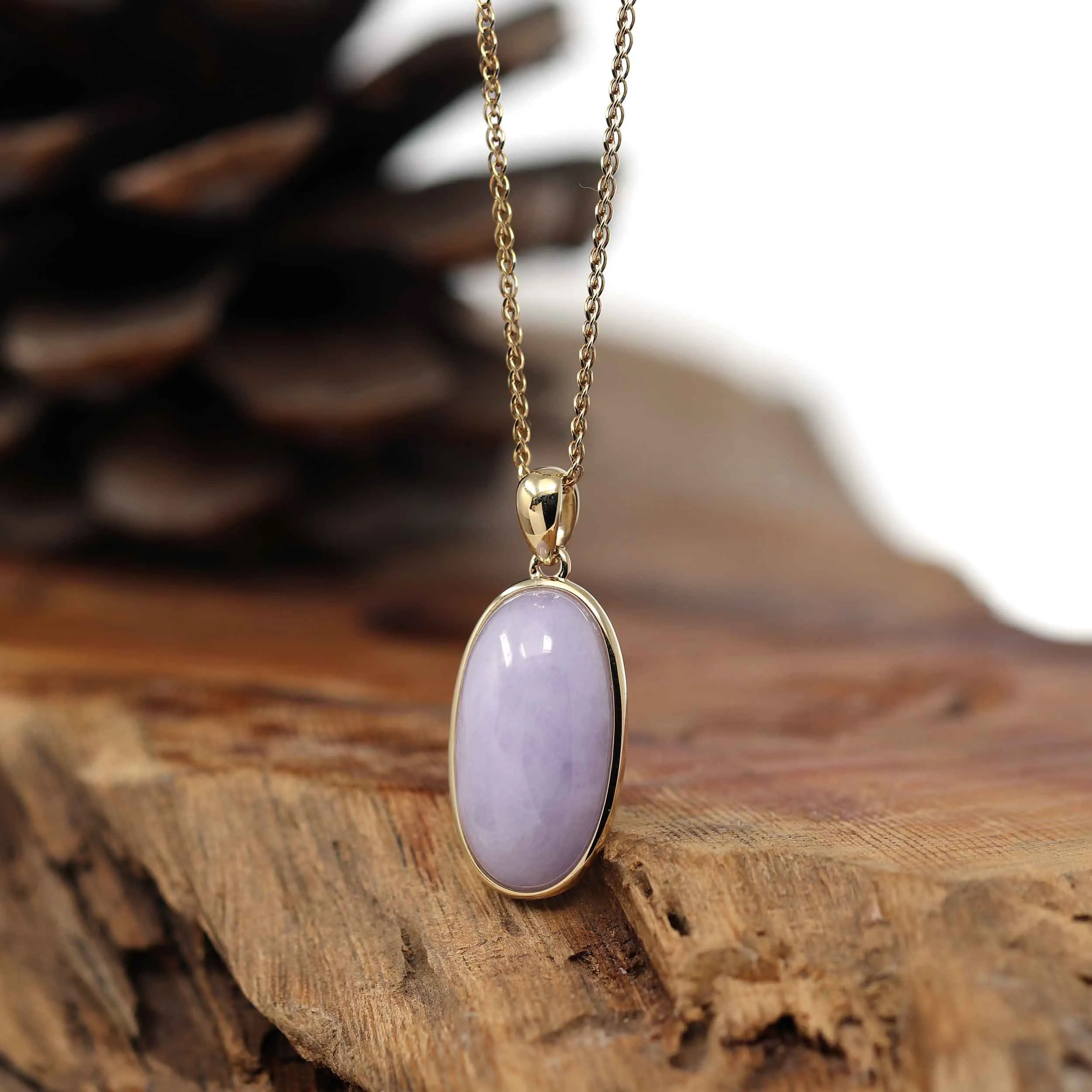 14K Gold Natural Lavender Burmese Jadeite Cabochon Necklace