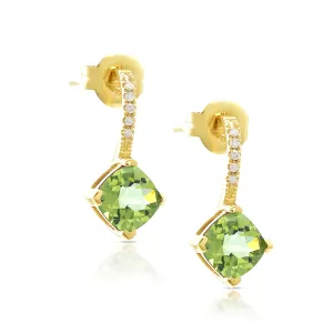 14K Gold Princess Cut Peridot and Diamonds Earrings