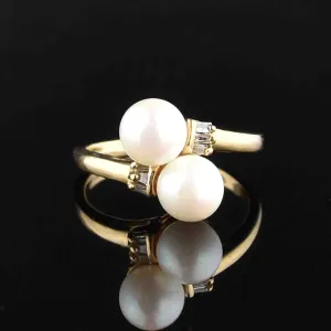 14K Gold Toi et Moi Pearl Diamond Bypass Ring