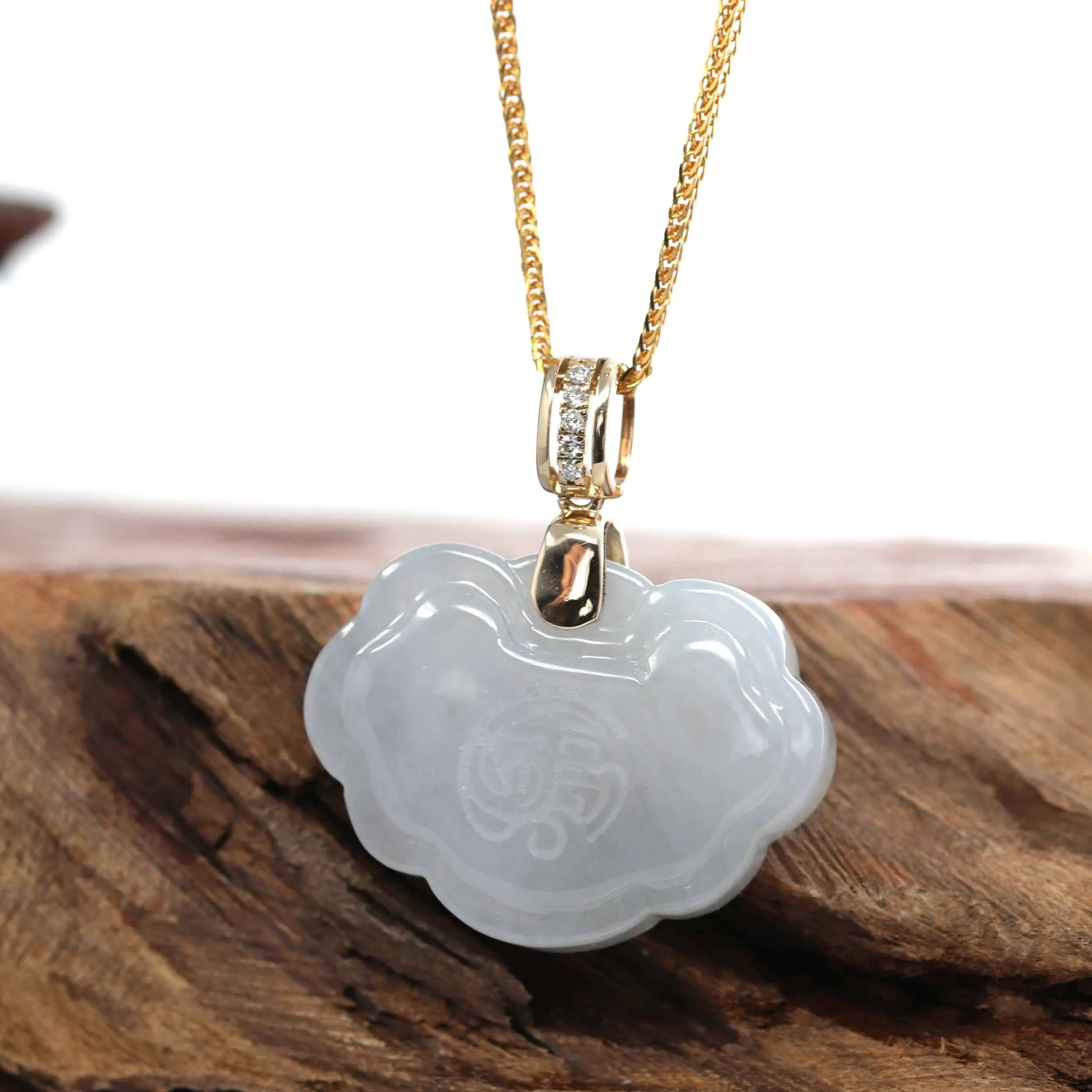 14k Rose Gold Genuine Burmese Light Lavender Jadeite Happiness and Safety  (Fu & Pingan) Pendant Necklace