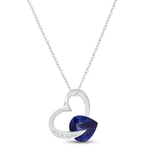 14K Solid White Gold Heart Necklace Natural Diamond & Sapphire