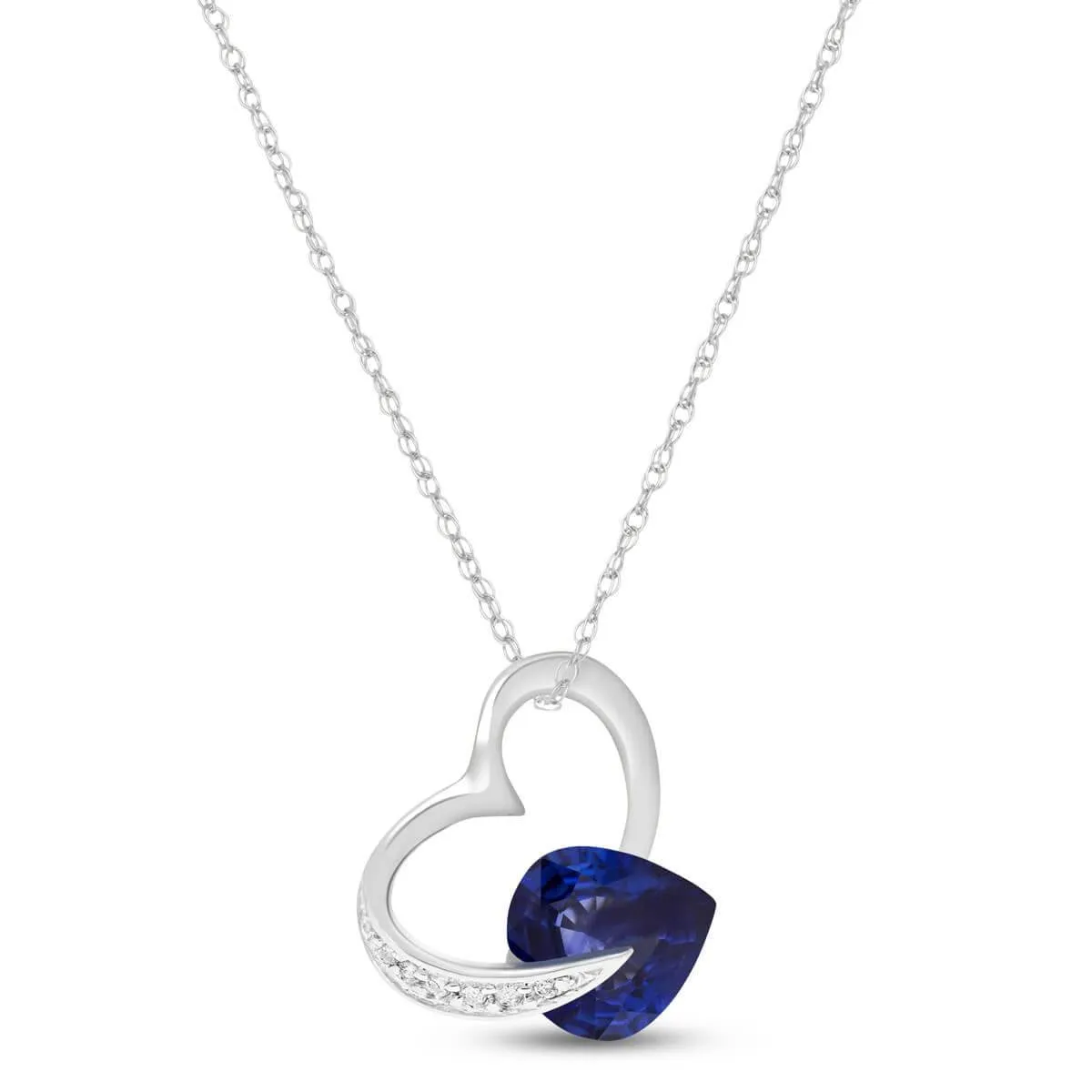 14K Solid White Gold Heart Necklace Natural Diamond & Sapphire