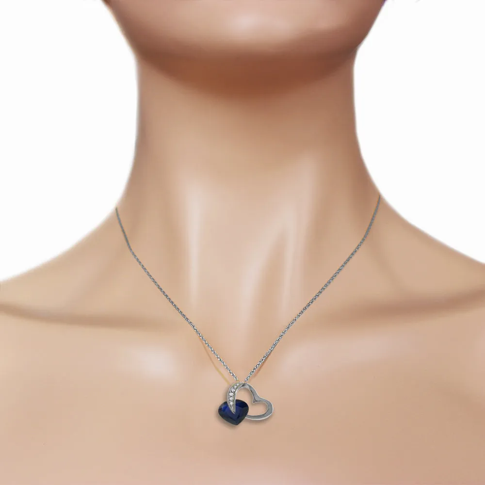 14K Solid White Gold Heart Necklace Natural Diamond & Sapphire