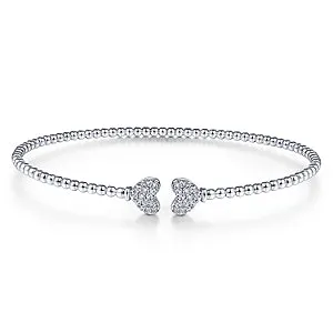 14K White Gold Diamond Heart Beaded Open Cuff Bangle