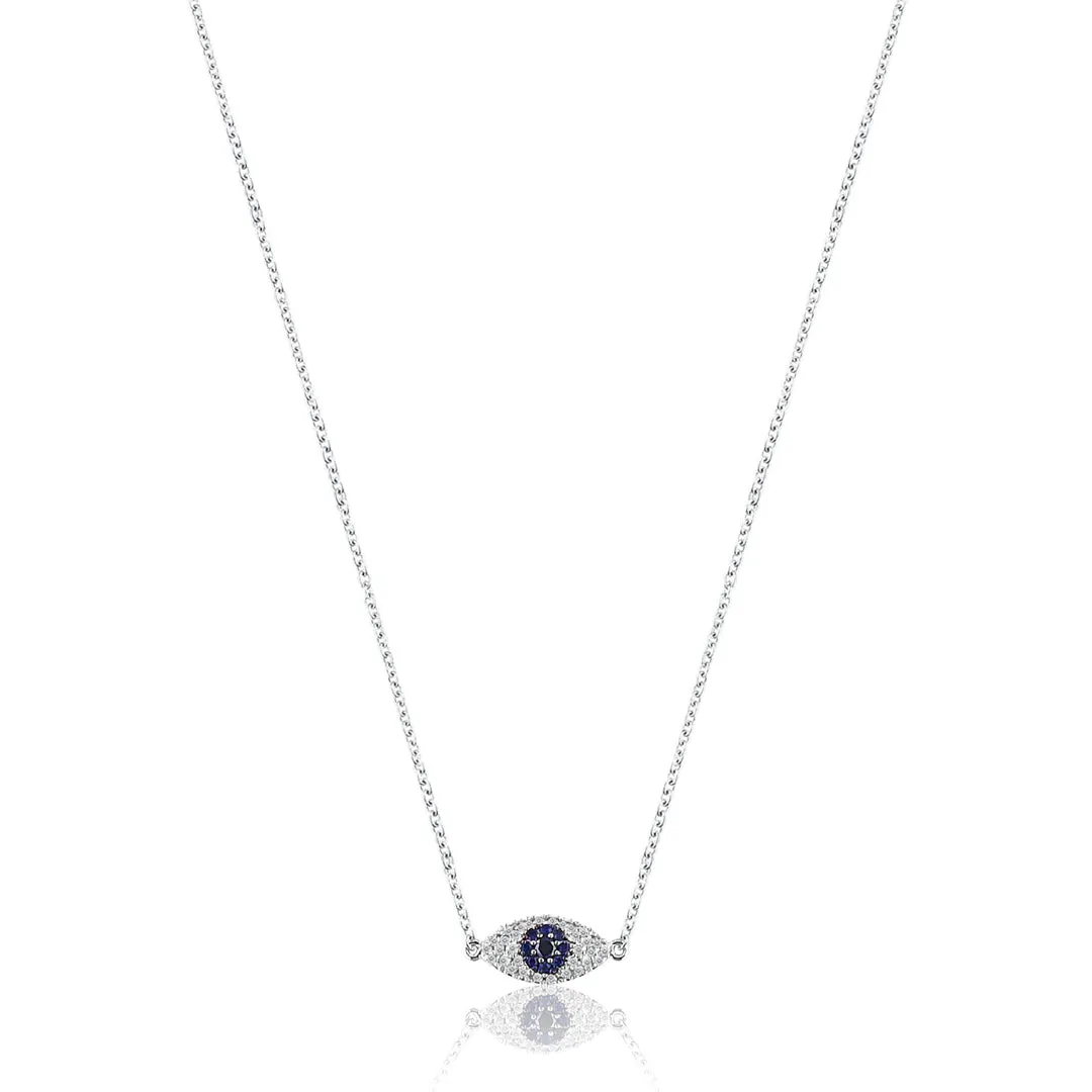 14K White gold evil eye protector necklace with diamonds and blue sapphire