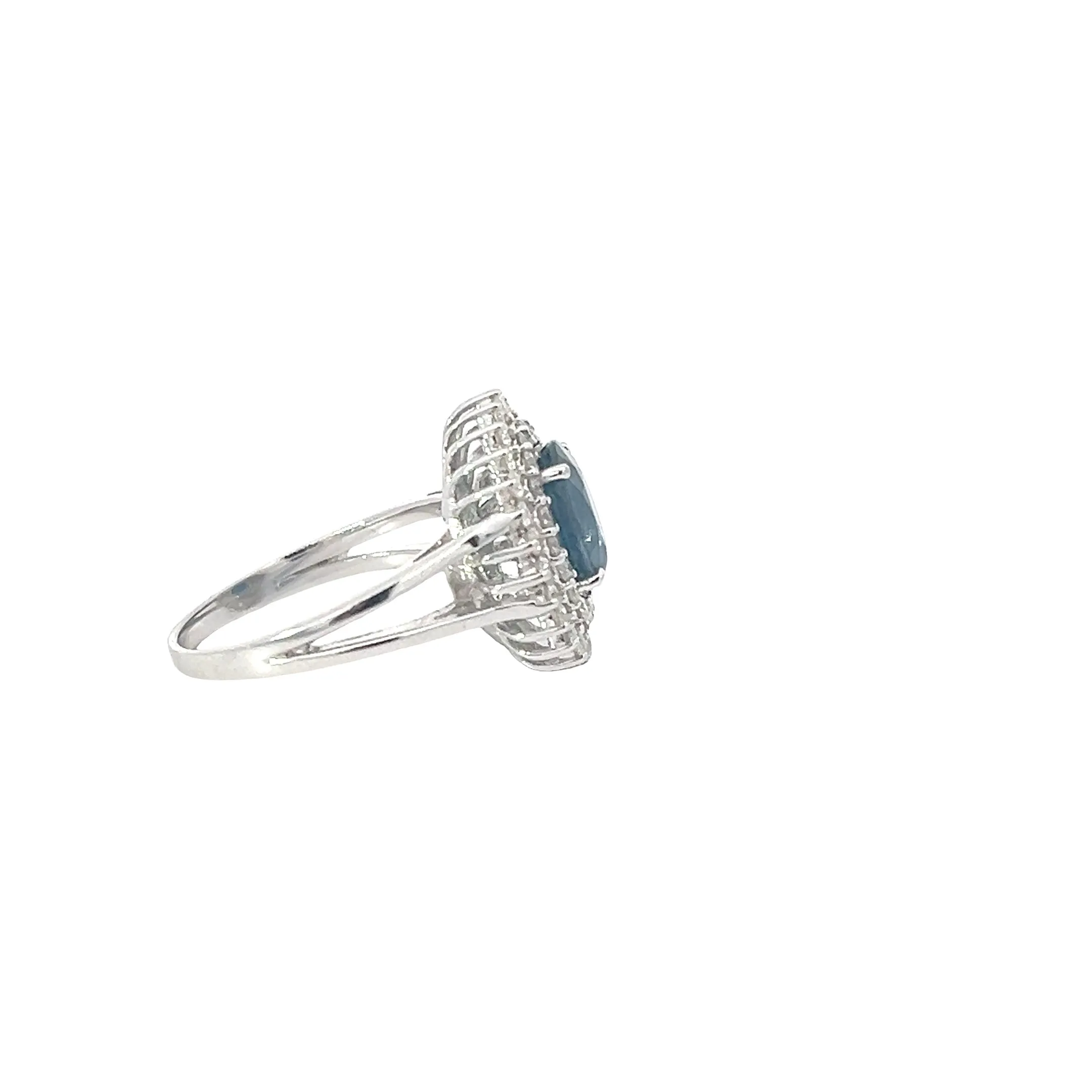 14k White Gold Oval Sapphire Ring with Double Diamond Halo