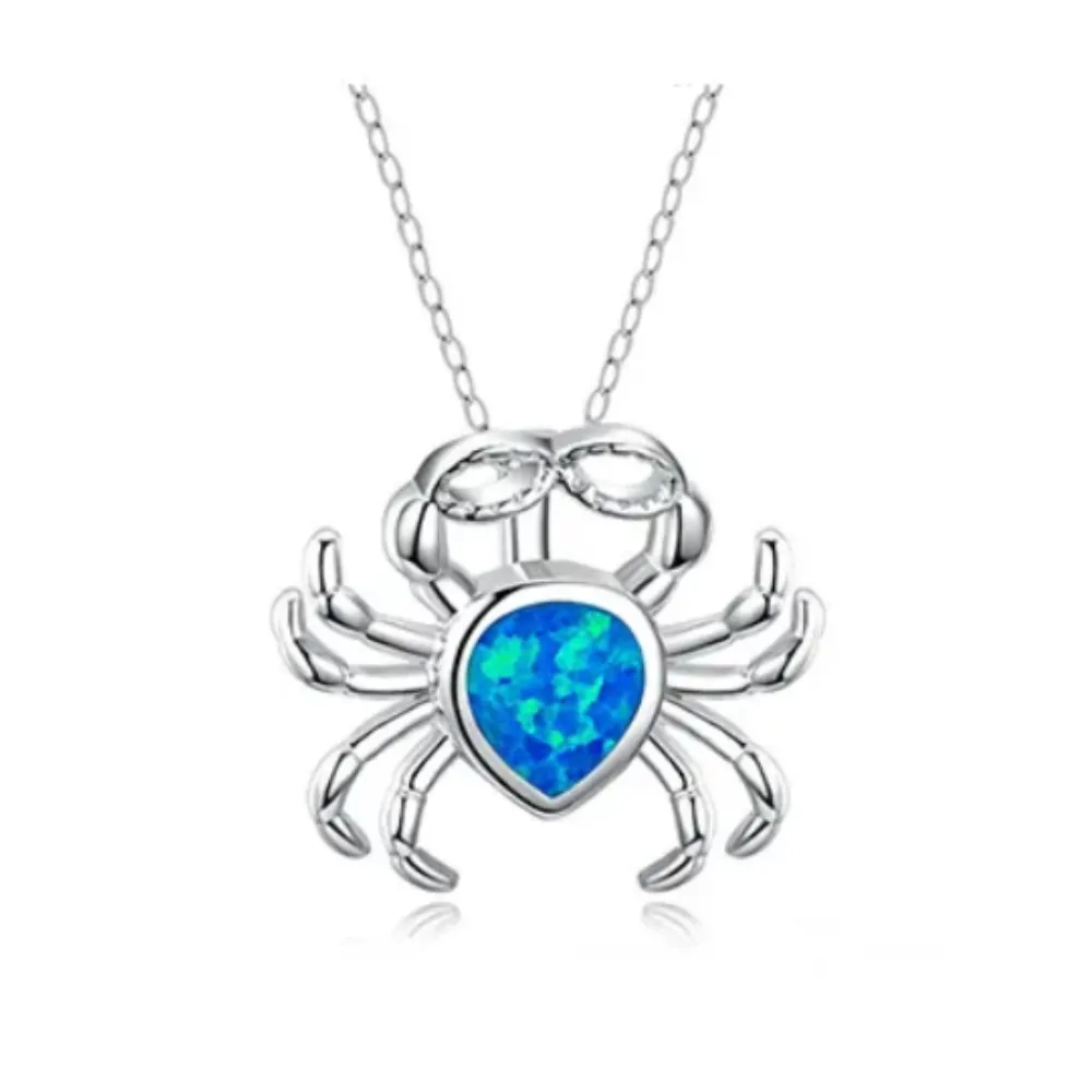 14K White Gold Plated Deep Blue Sea Turtle Animal Frog Crab Cat Heart Opal Blue Enamel Cz Pendant Necklace for Woman Special Occasion Birthdays Holidays