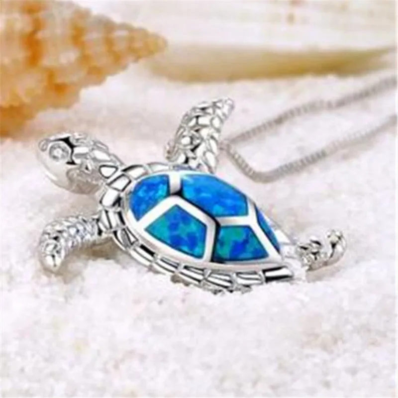 14K White Gold Plated Deep Blue Sea Turtle Animal Frog Crab Cat Heart Opal Blue Enamel Cz Pendant Necklace for Woman Special Occasion Birthdays Holidays