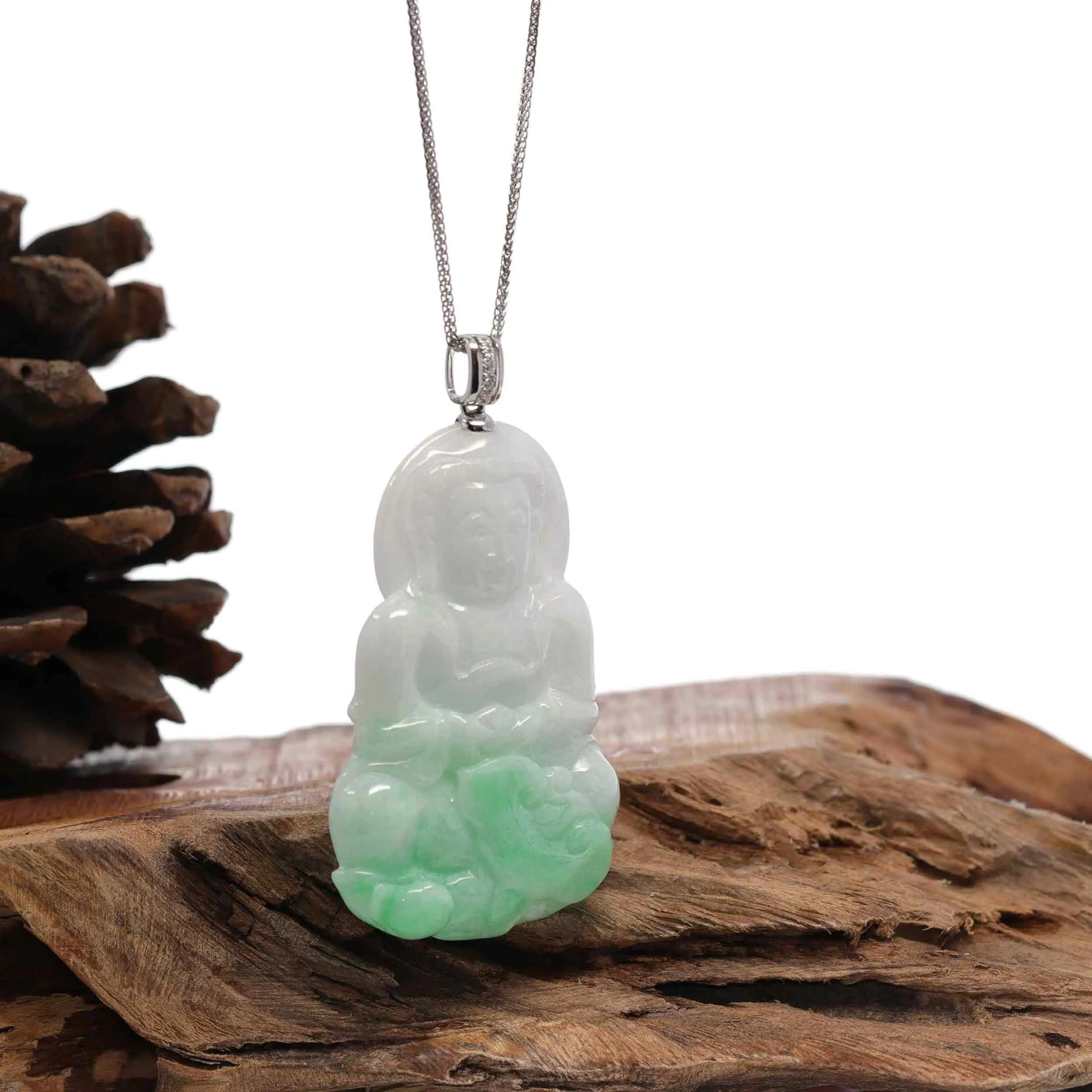 14k White Gold "Goddess of Compassion" Genuine Green Jadeite Jade Guanyin Necklace With Gold Diamond Bail