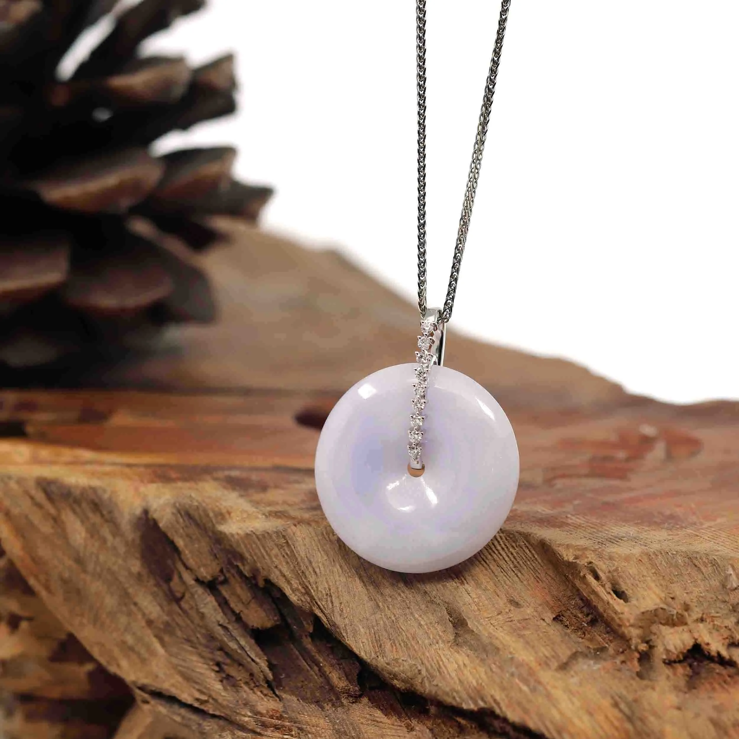 14K White Gold "Good Luck Button" Necklace Lavender Jadeite Jade Pendant Necklace