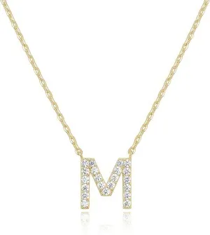 14k Yellow Gold Created White Sapphire Initial M Letter Pendant Necklace Plated