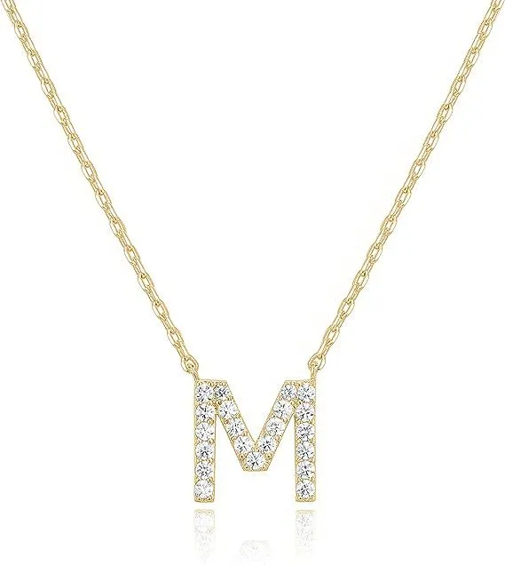 14k Yellow Gold Created White Sapphire Initial M Letter Pendant Necklace Plated