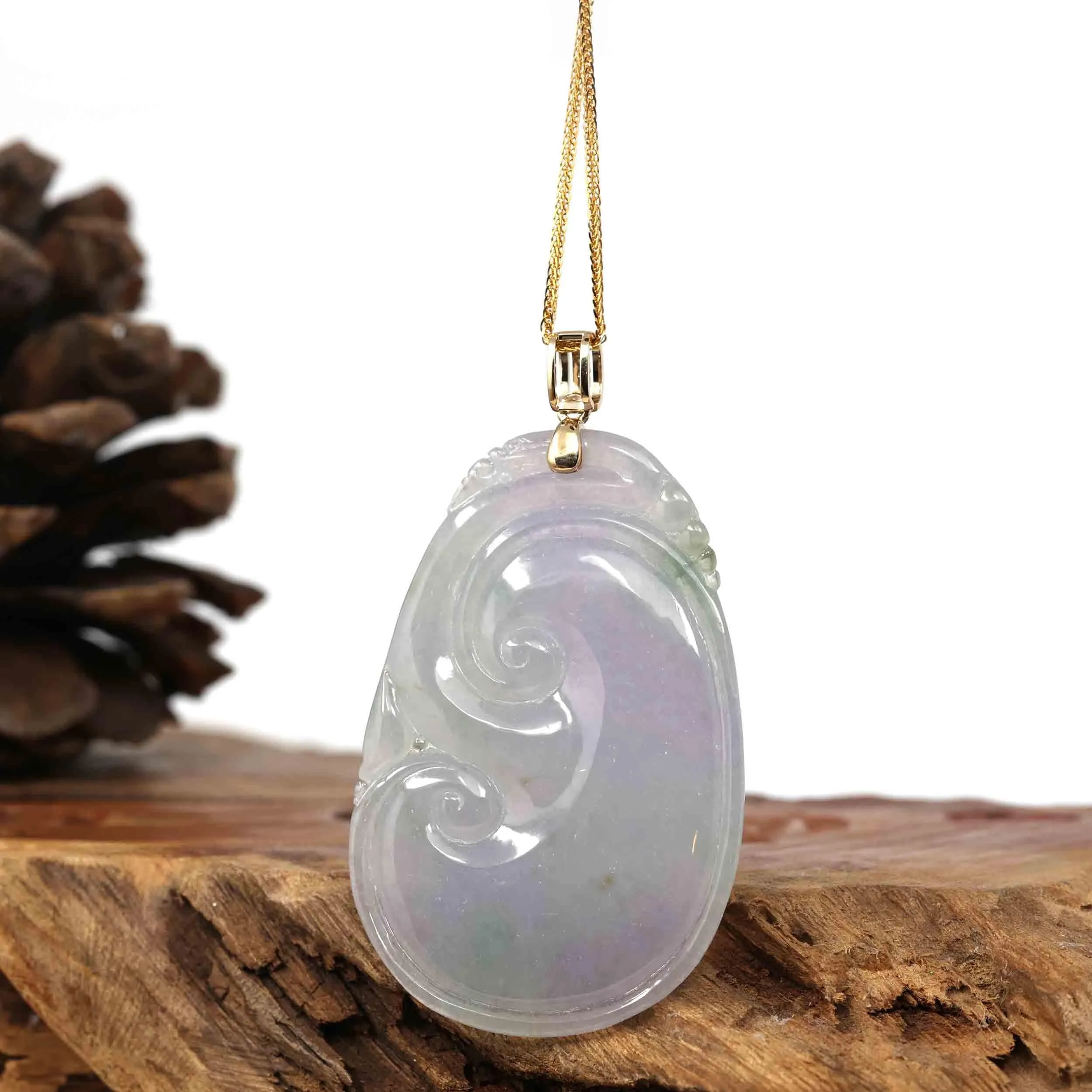 14k Yellow Gold Genuine Burmese Ice Lavender Jadeite Jade RuYi Pendant Necklace