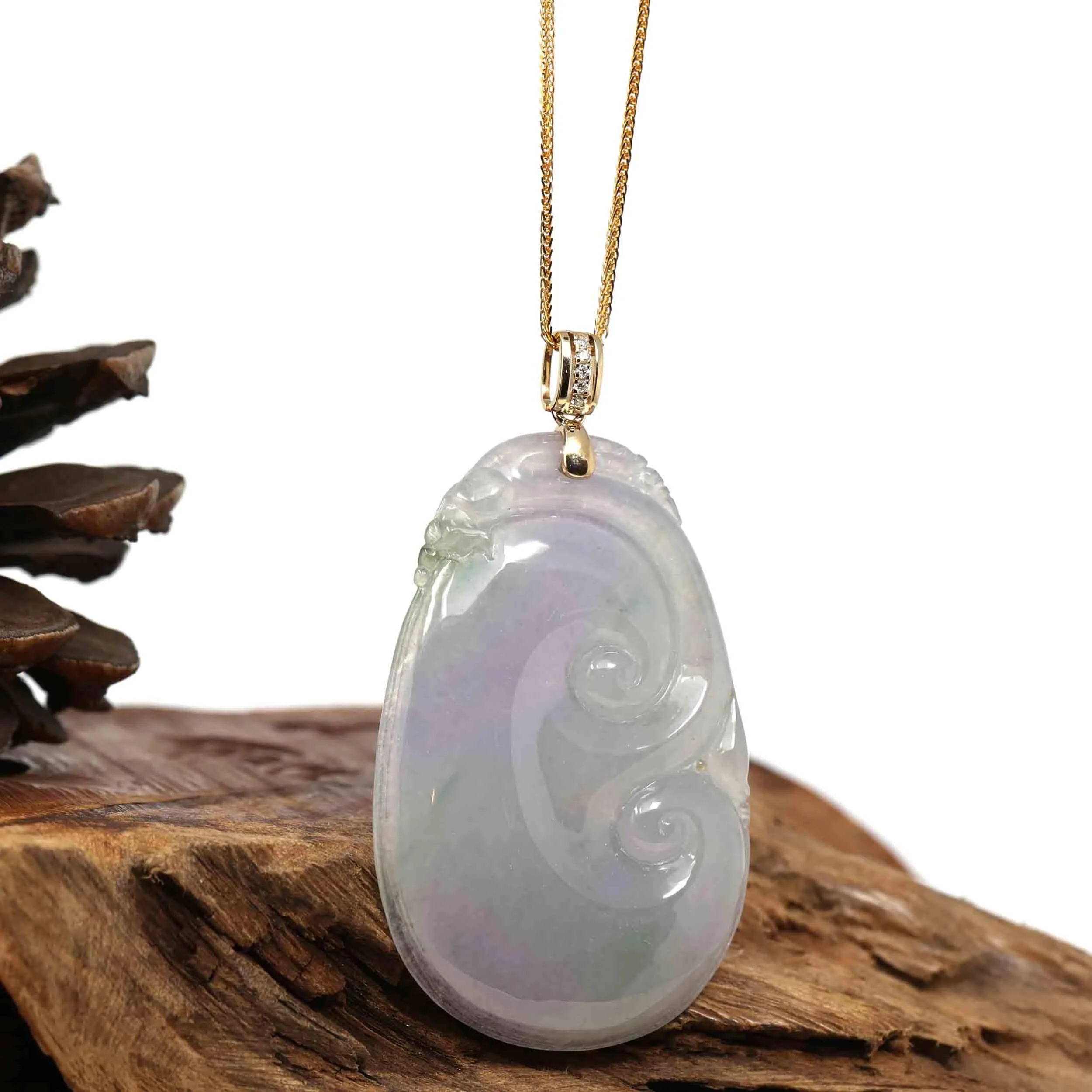 14k Yellow Gold Genuine Burmese Ice Lavender Jadeite Jade RuYi Pendant Necklace