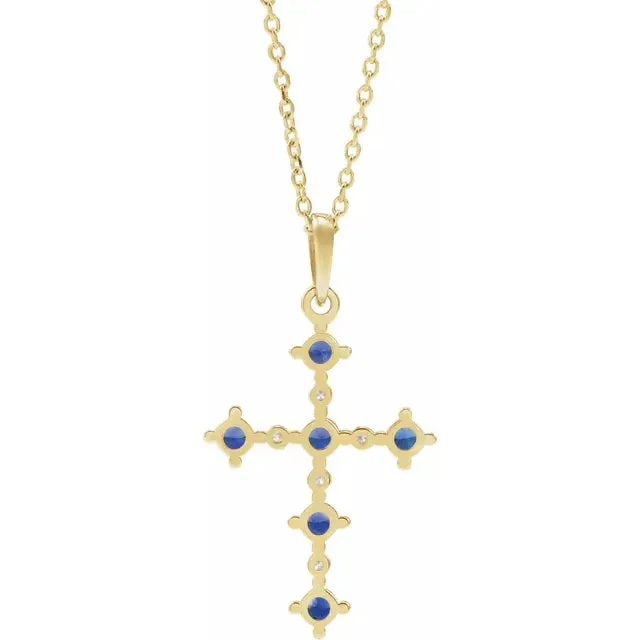 14K Yellow Gold Lab-Grown Blue Sapphire & .07 CTW Natural Diamond Cross 16-18" Necklace