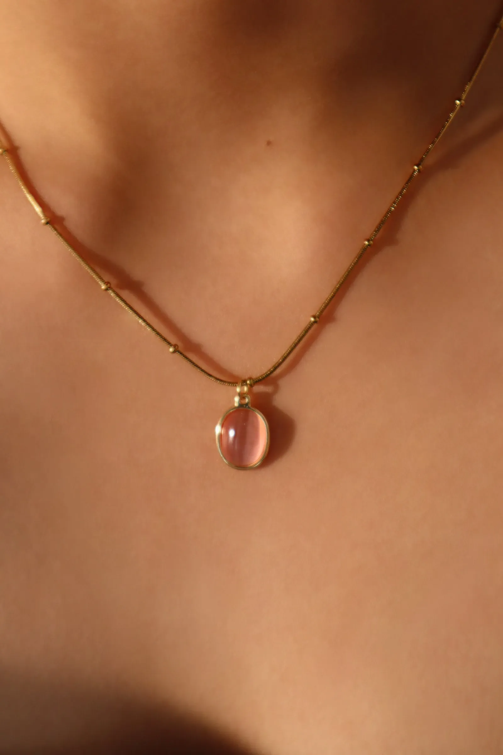 18K Real Gold Plated Stainless Steel Pink Opal Pendant Necklace