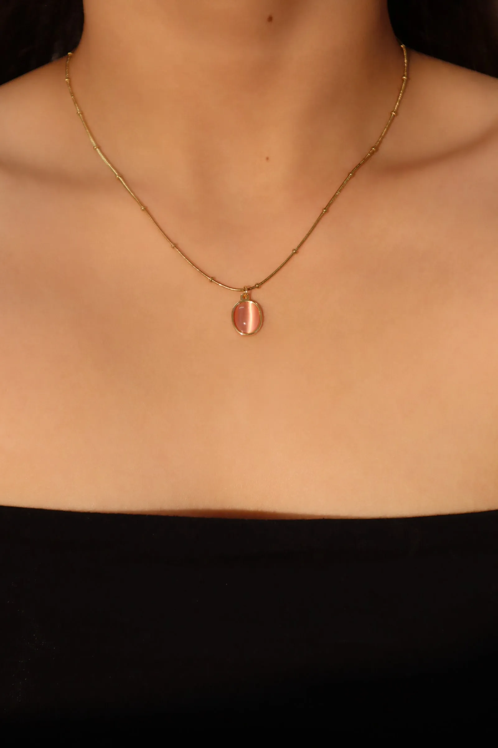 18K Real Gold Plated Stainless Steel Pink Opal Pendant Necklace