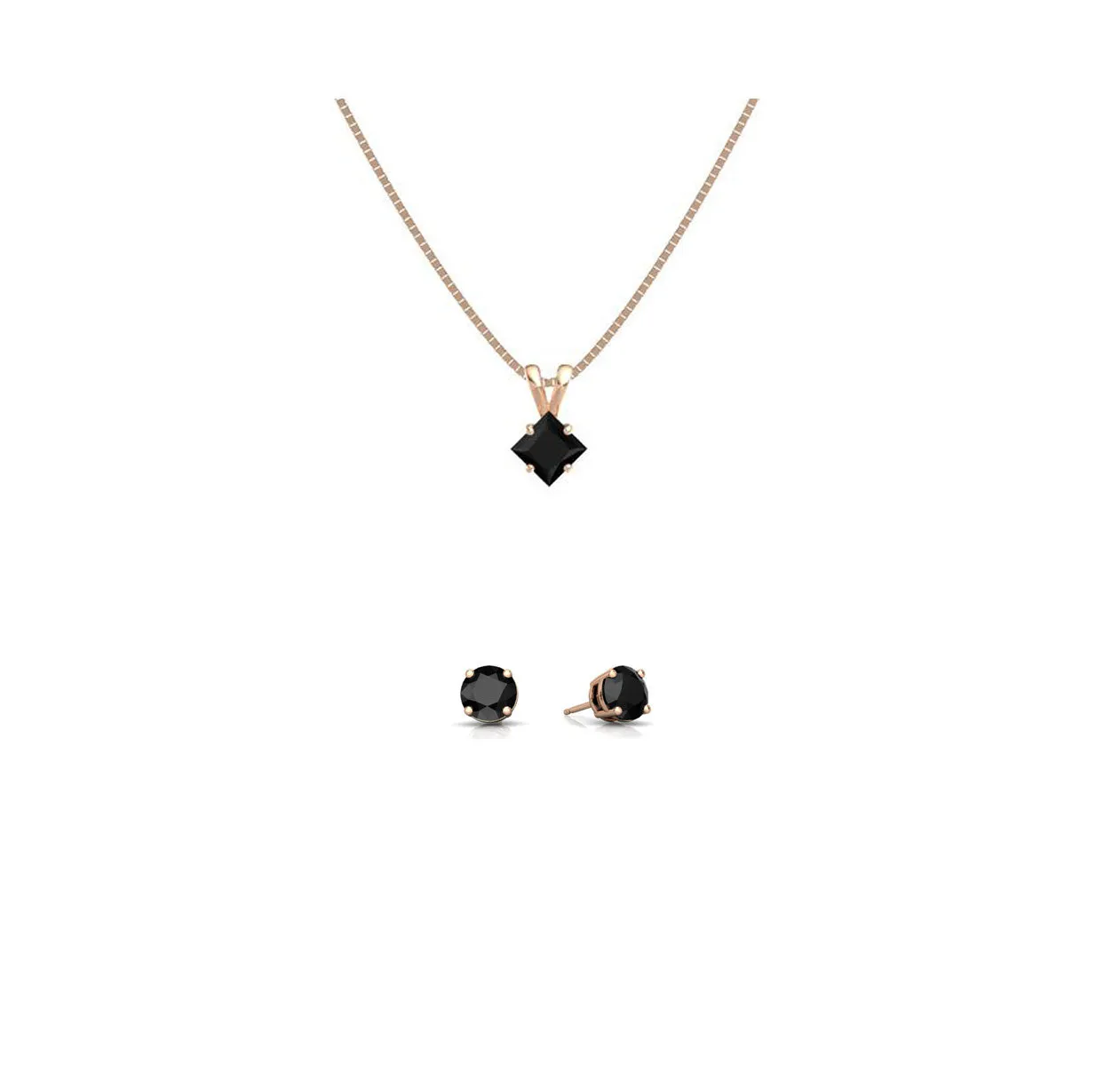 18K Rose Gold 2ct Black Sapphire Square 18 Inch Necklace and Round Earrings Set Plated