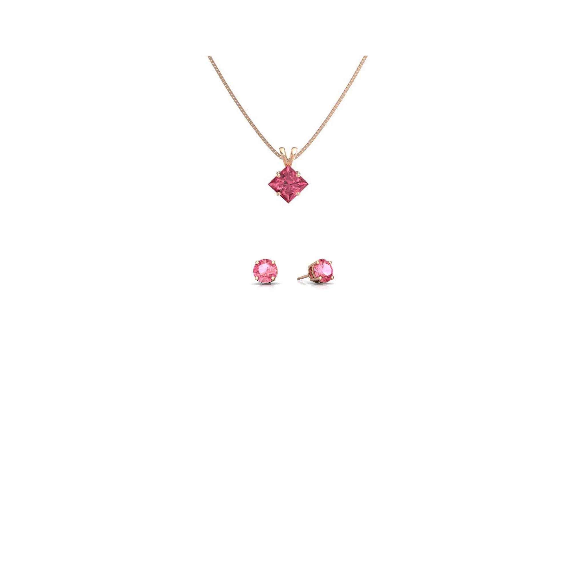 18K Rose Gold 3ct Pink Sapphire Princess Cut 18 Inch Necklace and Round Earrings Set Plated