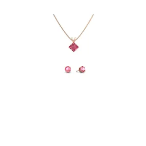 18K Rose Gold 3ct Pink Sapphire Princess Cut 18 Inch Necklace and Round Earrings Set Plated