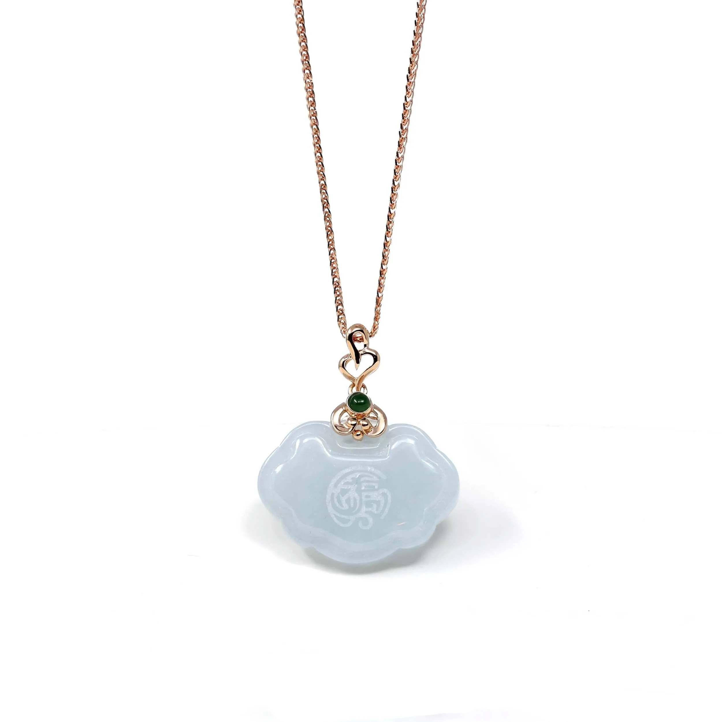 18k Rose Gold Genuine Burmese Light Lavender Jadeite Happiness and Safety  (Fu & Pingan) Pendant Necklace